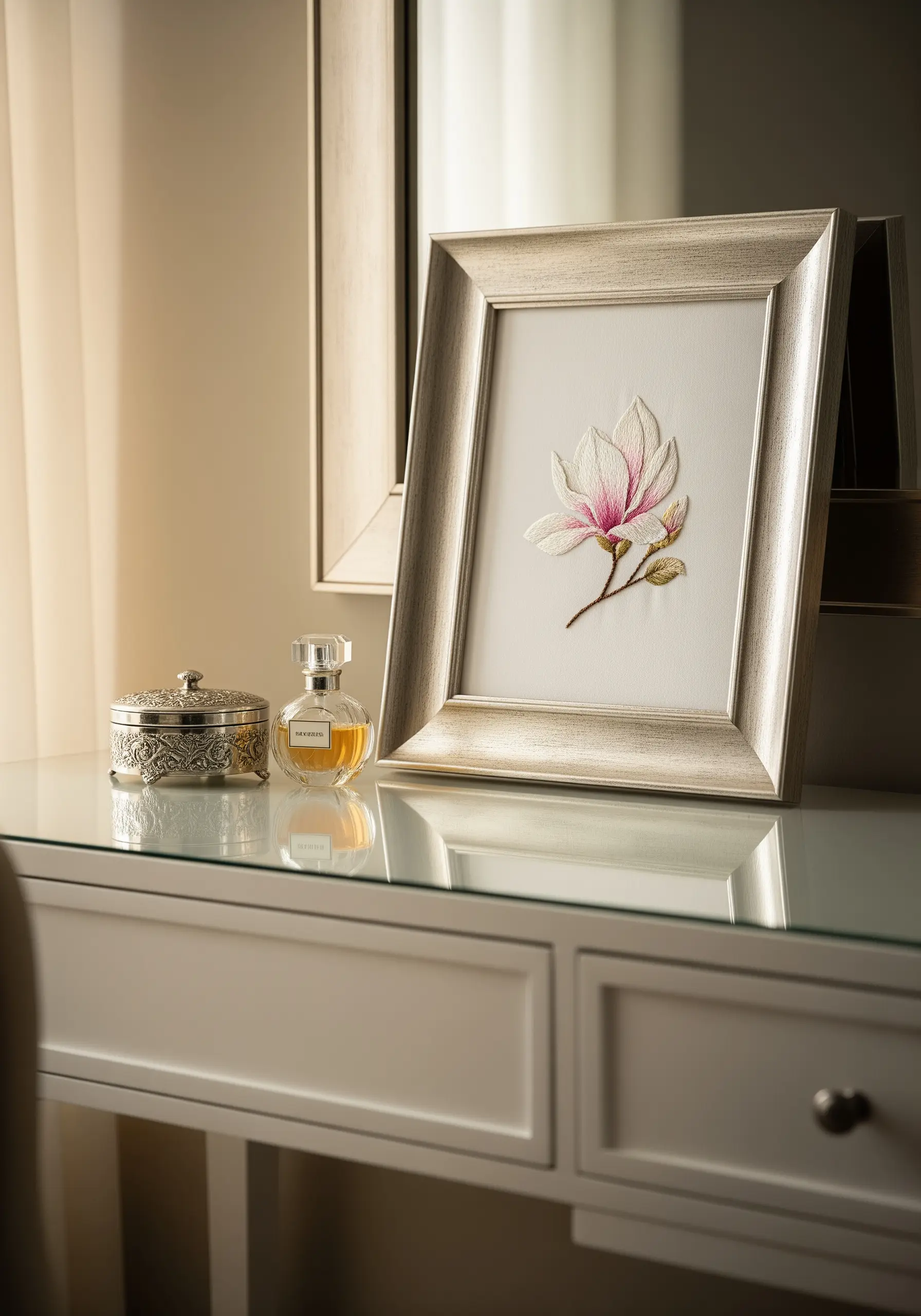A highly realistic, thread-painted magnolia flower in a silver frame on a dressing table.