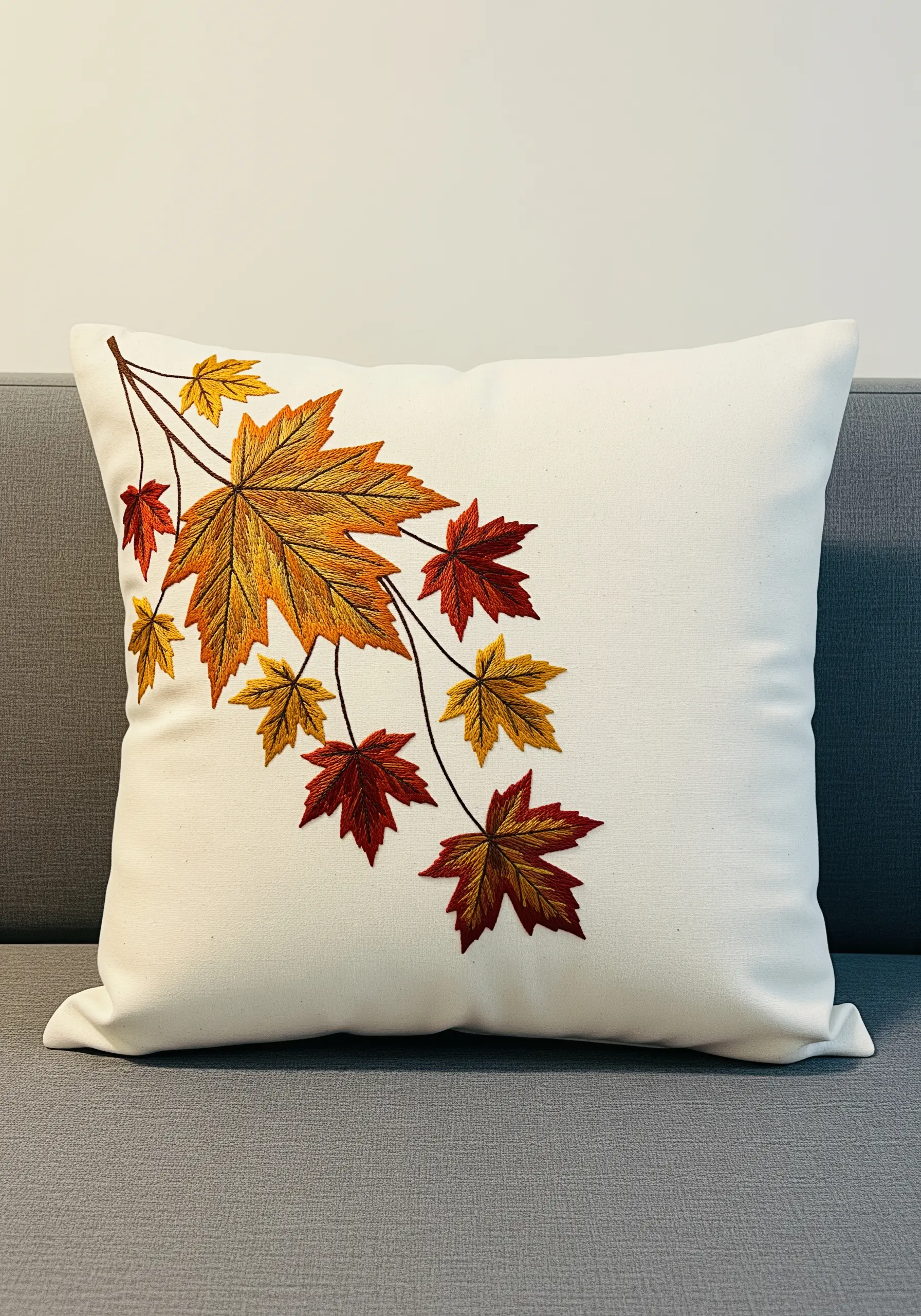 Embroidered maple leaves on a white pillow, showing realistic color gradients.
