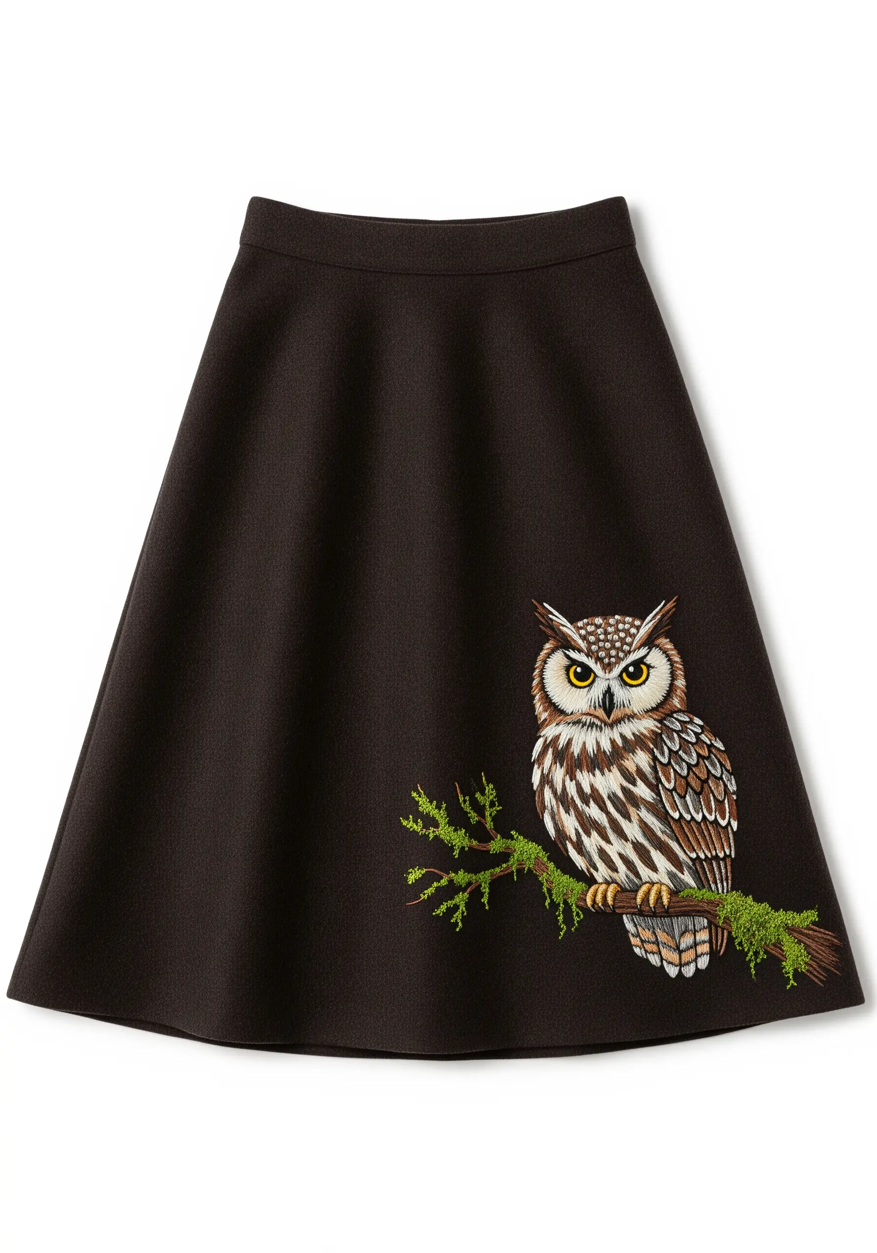 A highly detailed, realistic embroidered owl perched on a mossy branch.