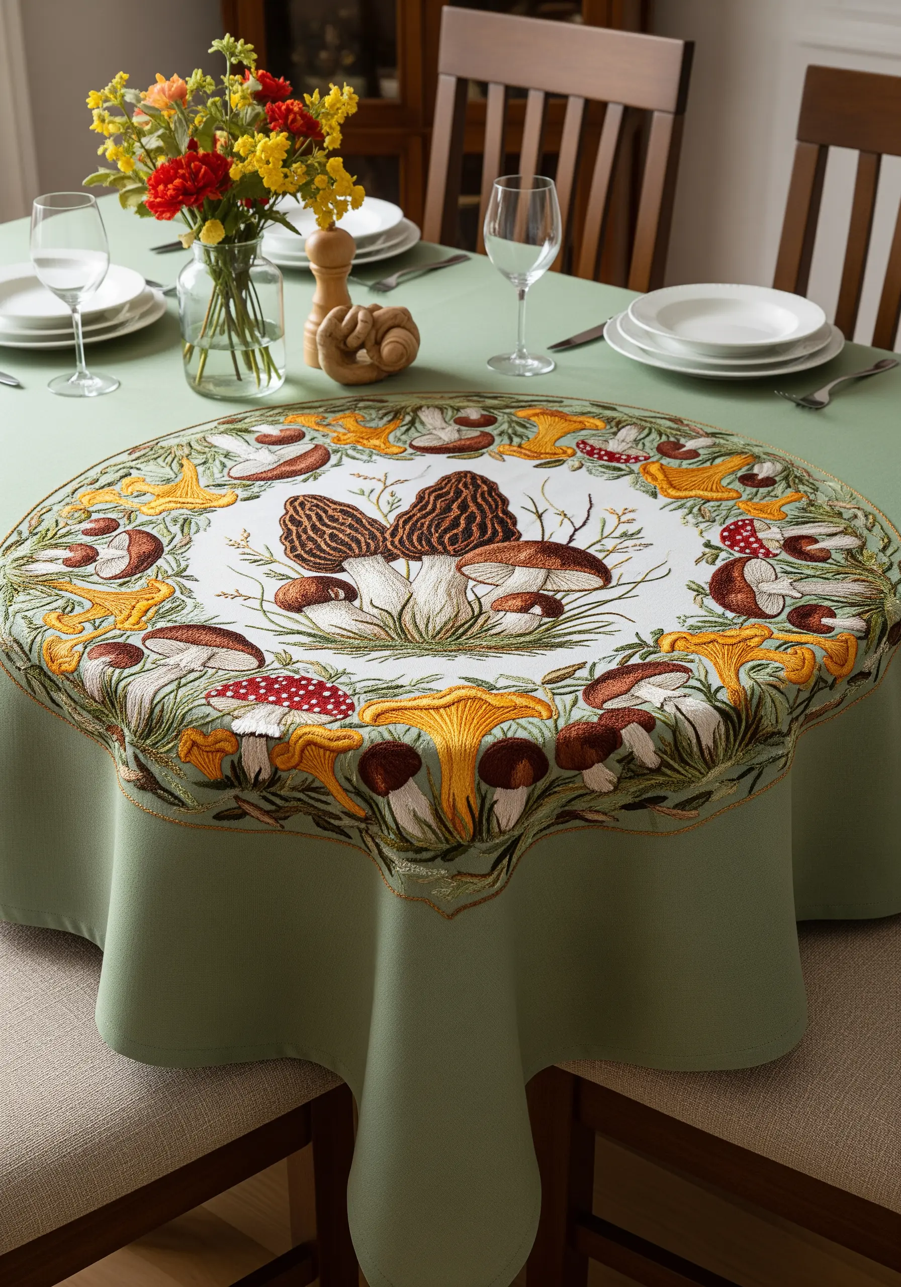 An elaborate circular tablecloth embroidered with a variety of detailed mushrooms and fungi.