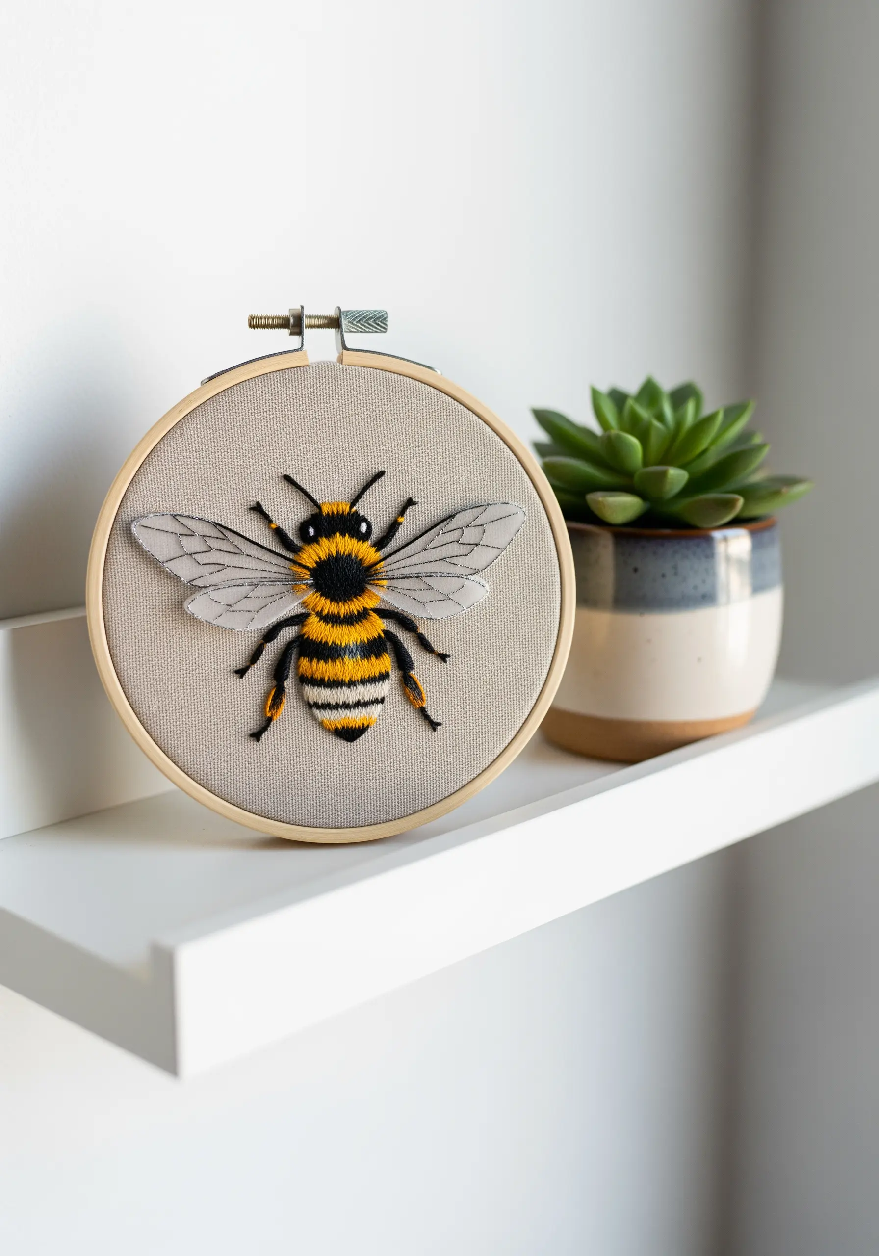 A realistic embroidered bee with 3D organza wings, displayed in a small hoop on a shelf.