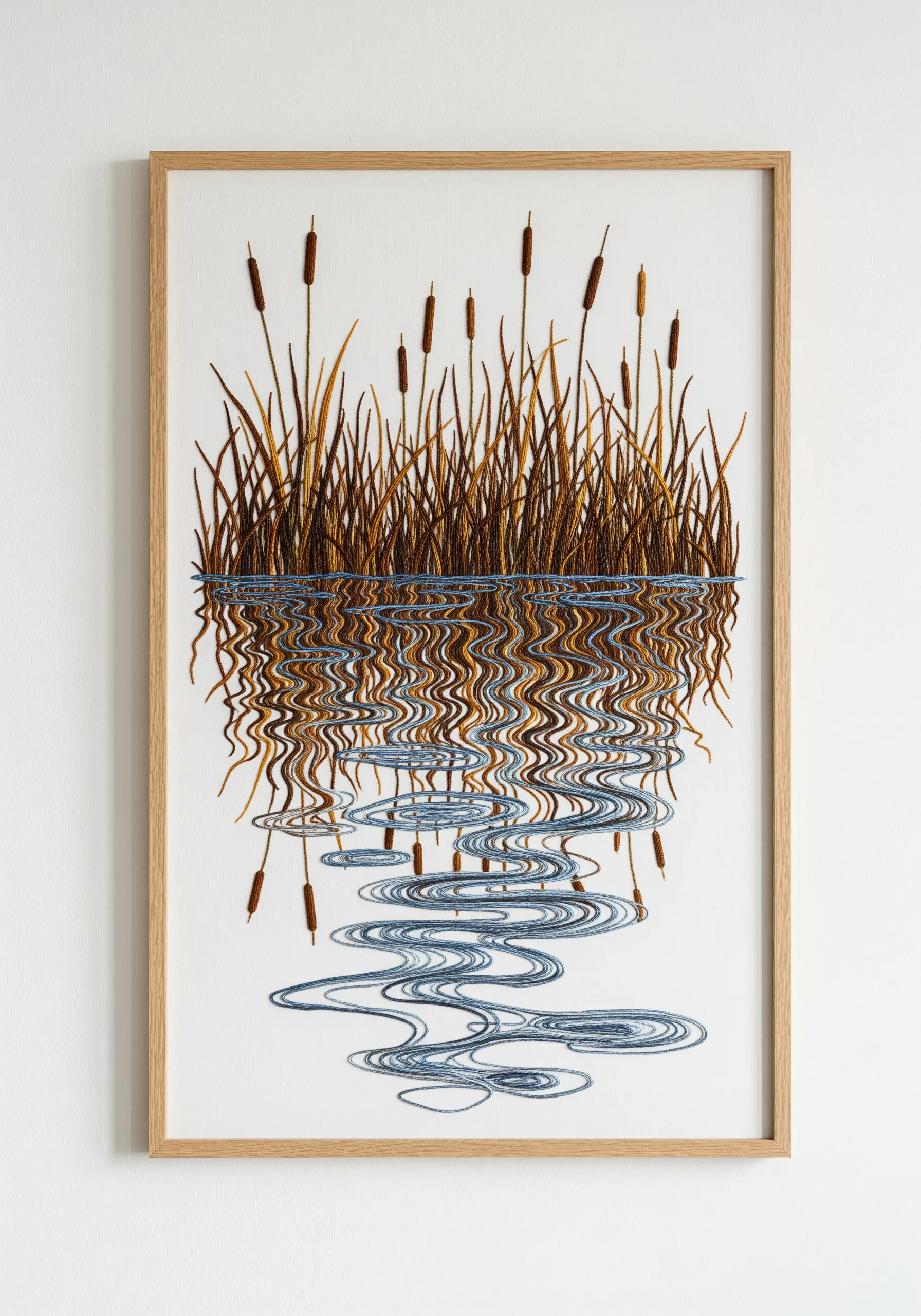 Framed embroidery of cattails with a realistic, wavy reflection stitched in the water below.