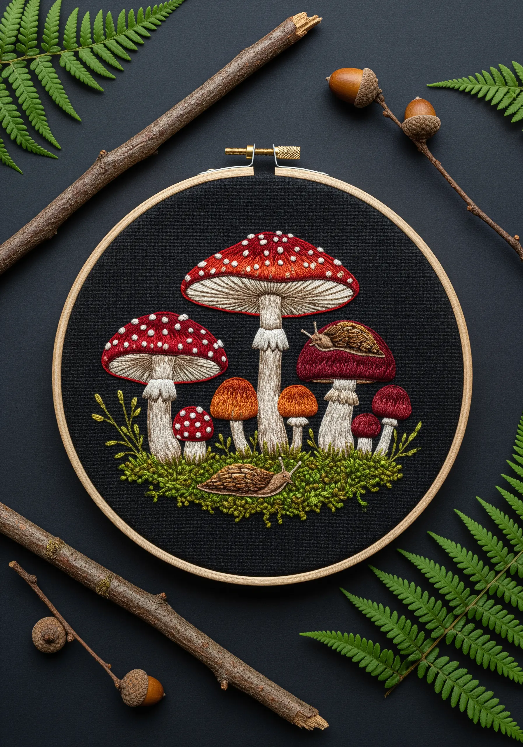 Embroidery of red fly agaric mushrooms with detailed shading and mossy texture on black fabric.
