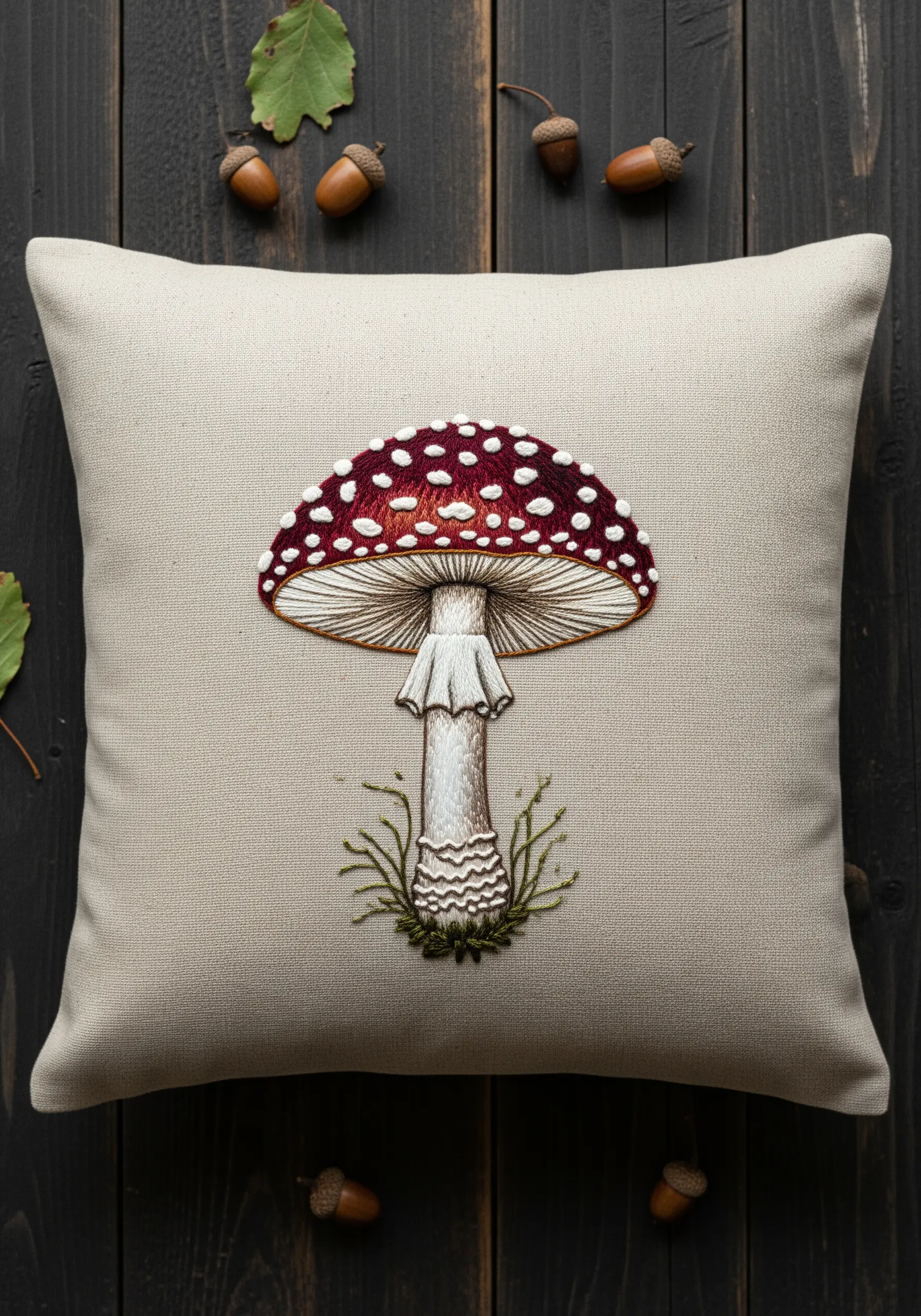 Detailed embroidery of a single fly agaric mushroom on a neutral linen cushion.