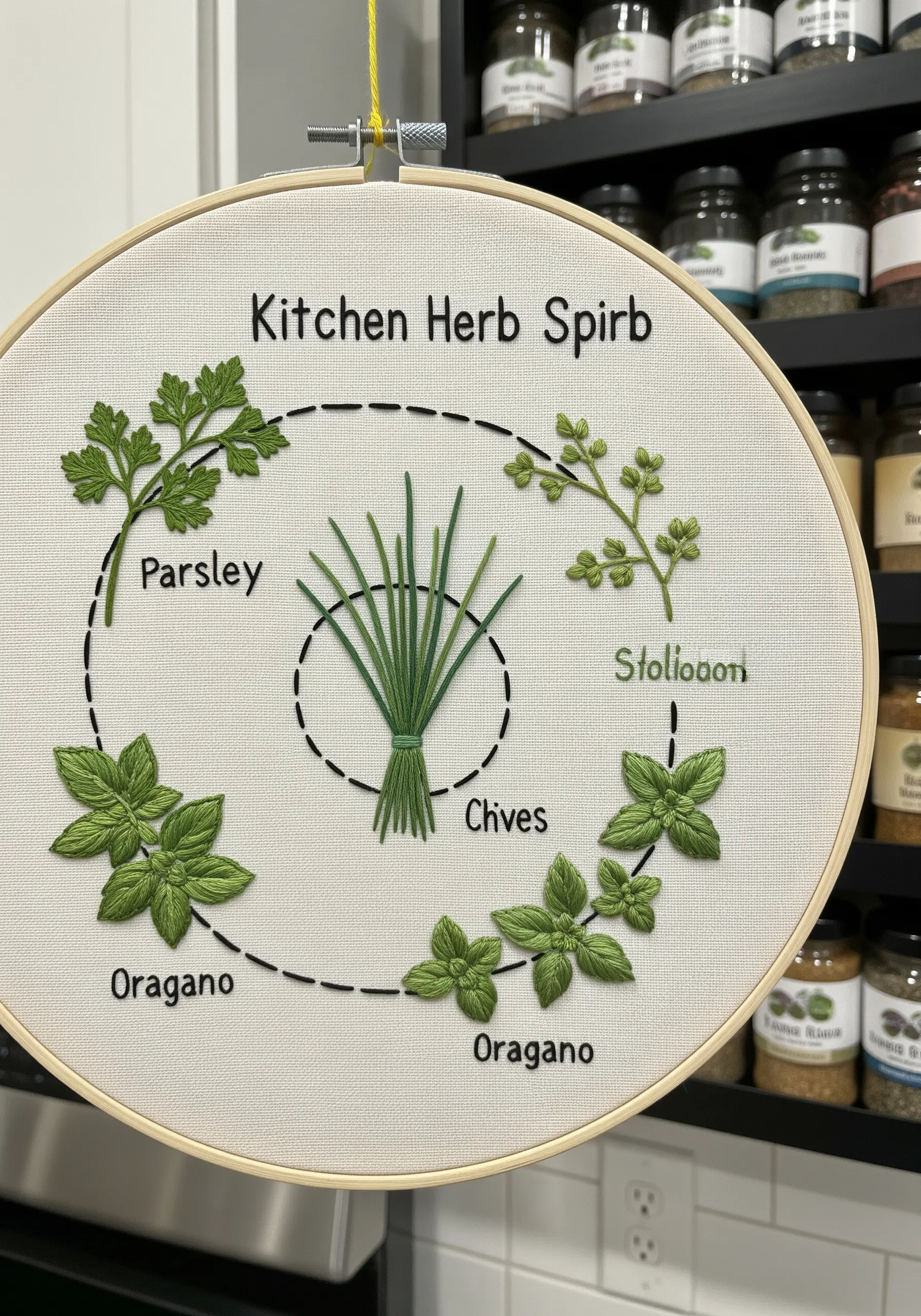 A kitchen herb sampler with parsley, chives, and oregano arranged in a circle.
