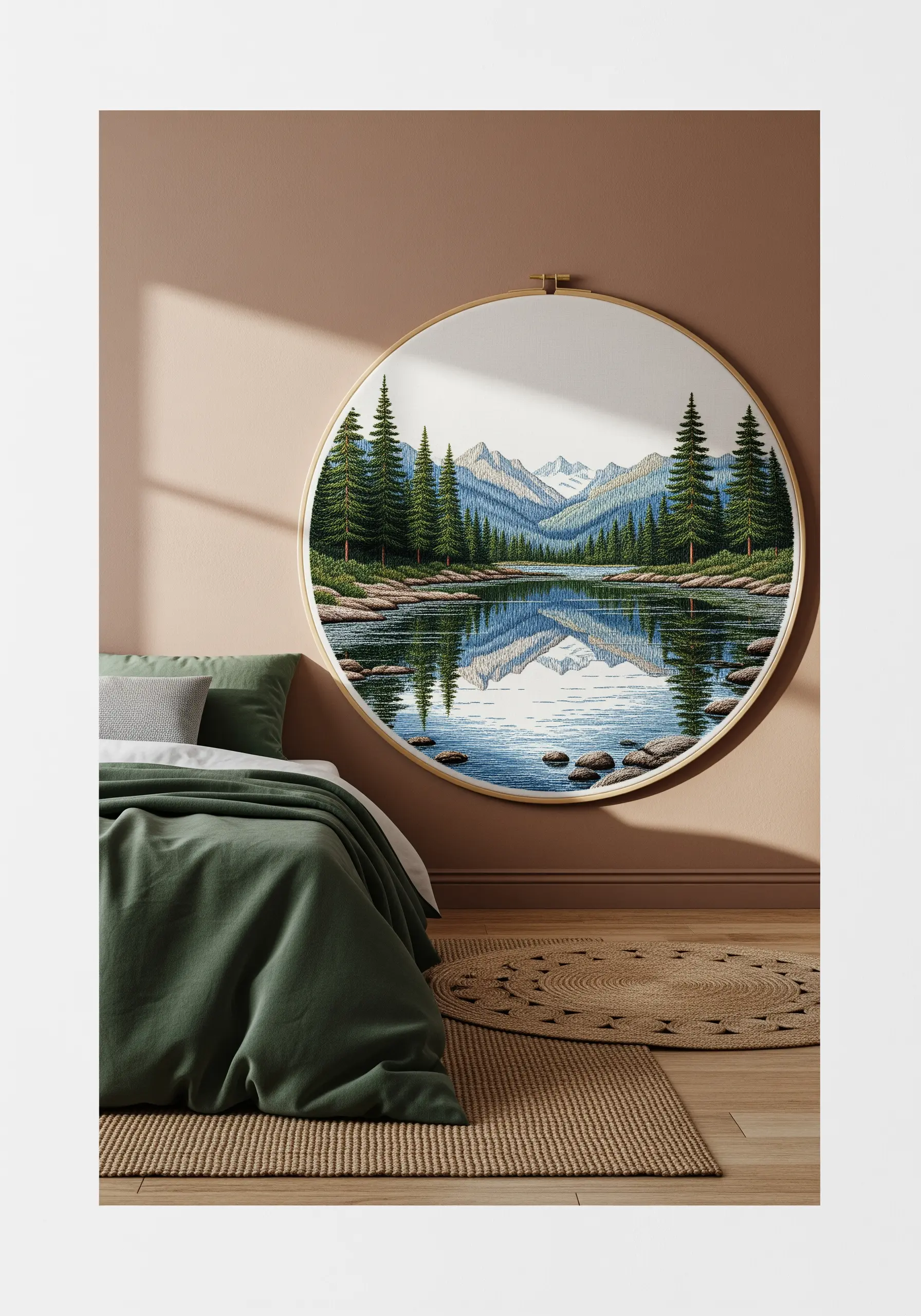 Large embroidery hoop with a detailed landscape of mountains reflecting in a clear lake.
