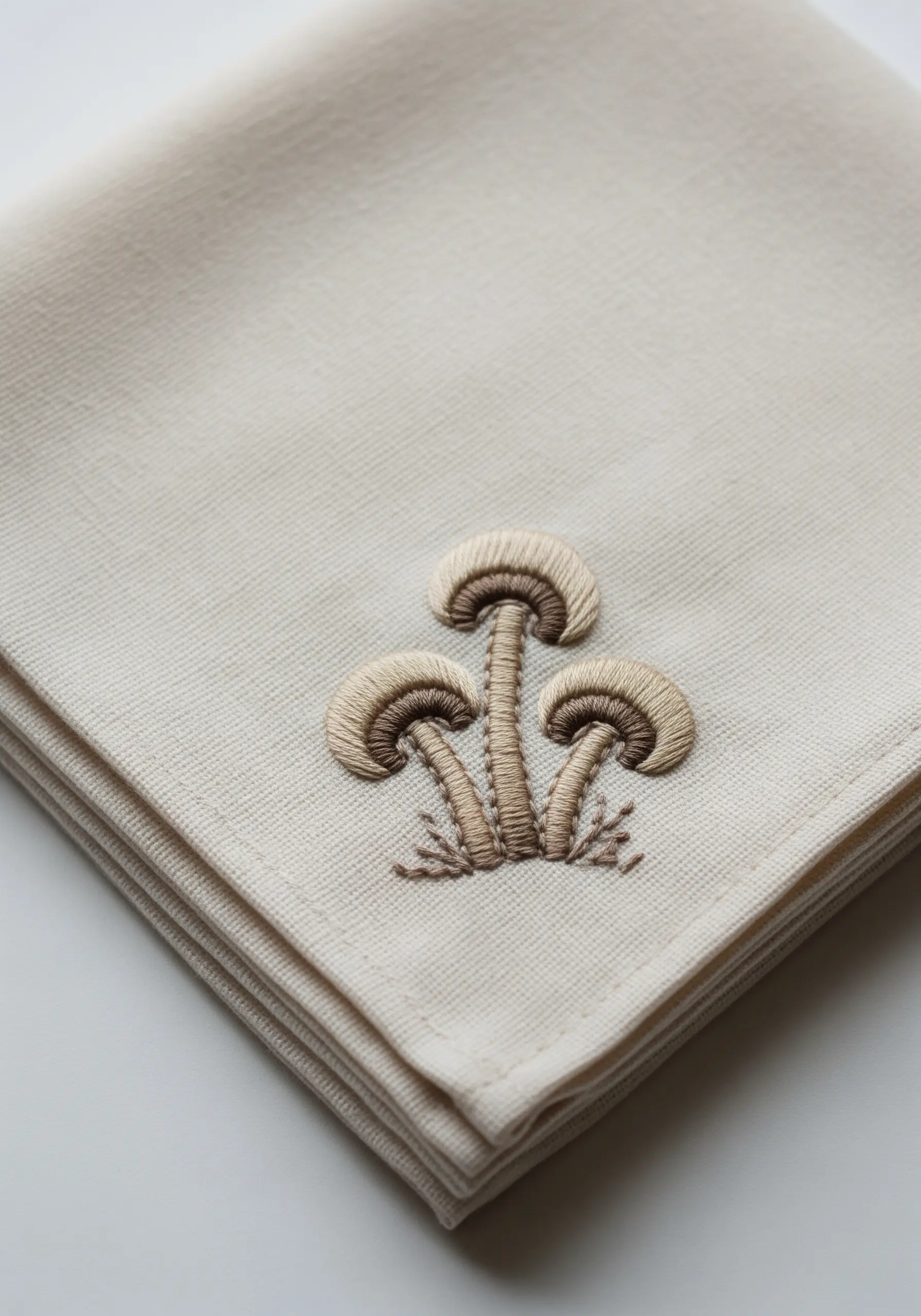 Three intricately embroidered mushrooms with shaded brown caps on a cream-colored handkerchief.