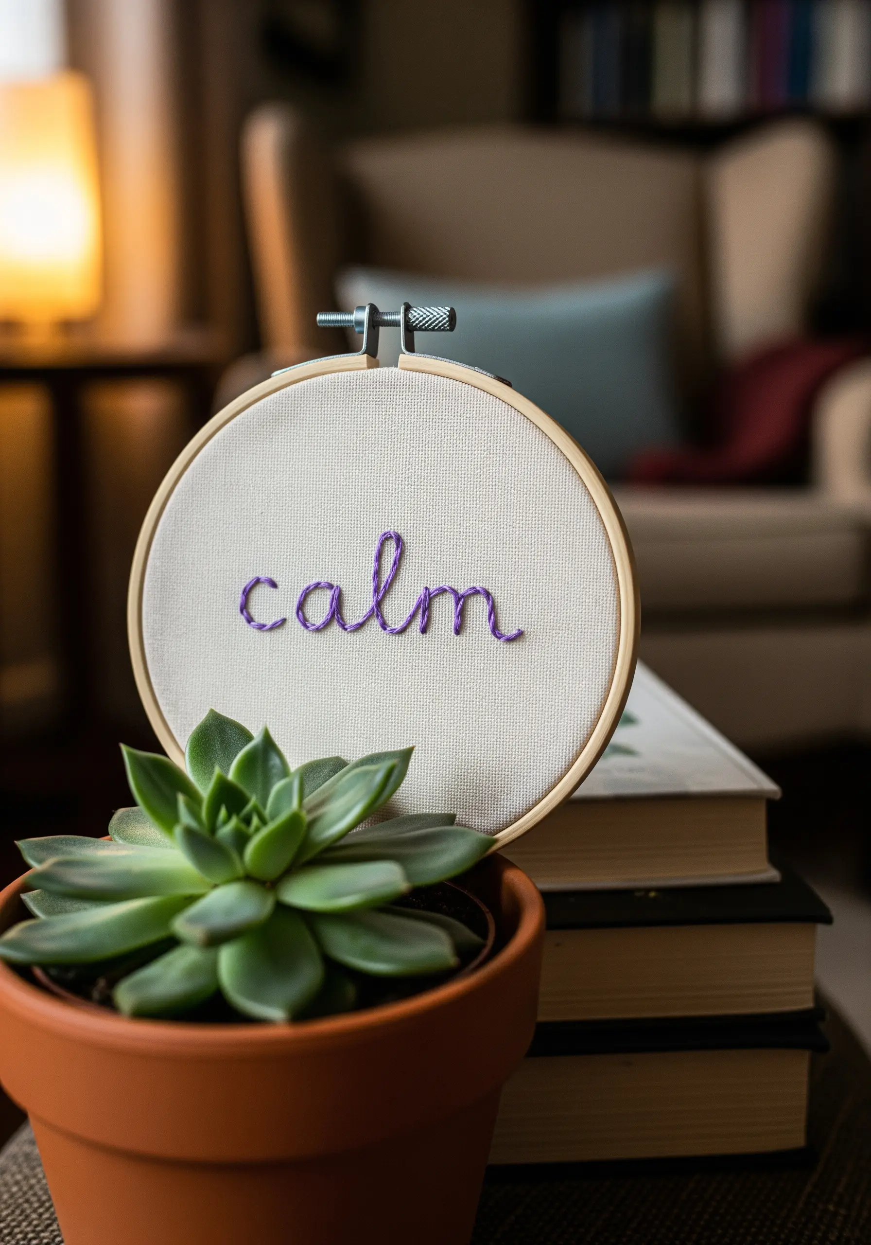 The word 'calm' embroidered in cursive using a purple whipped stem stitch.