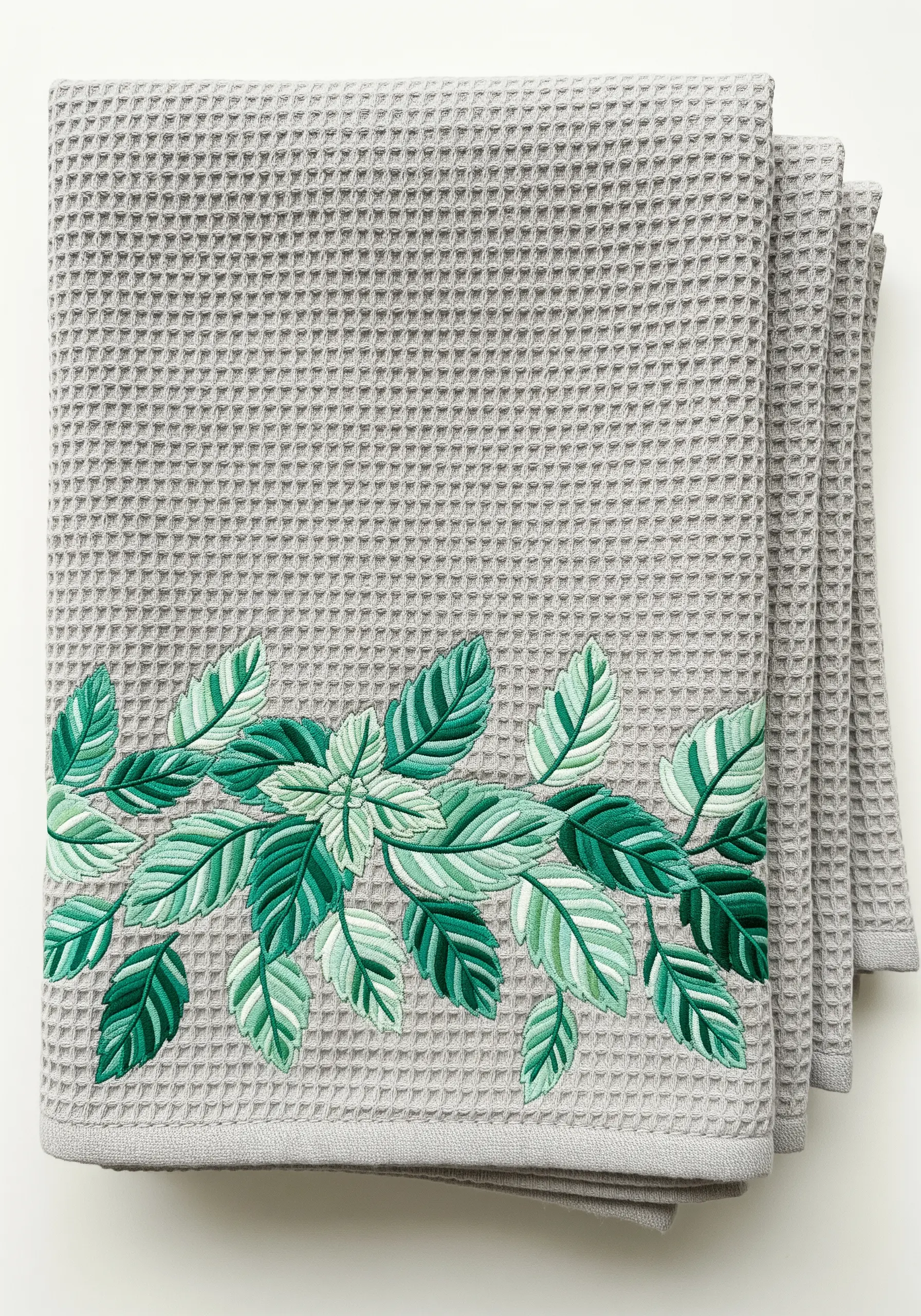 A dense border of green and white variegated leaves on a gray waffle weave towel.