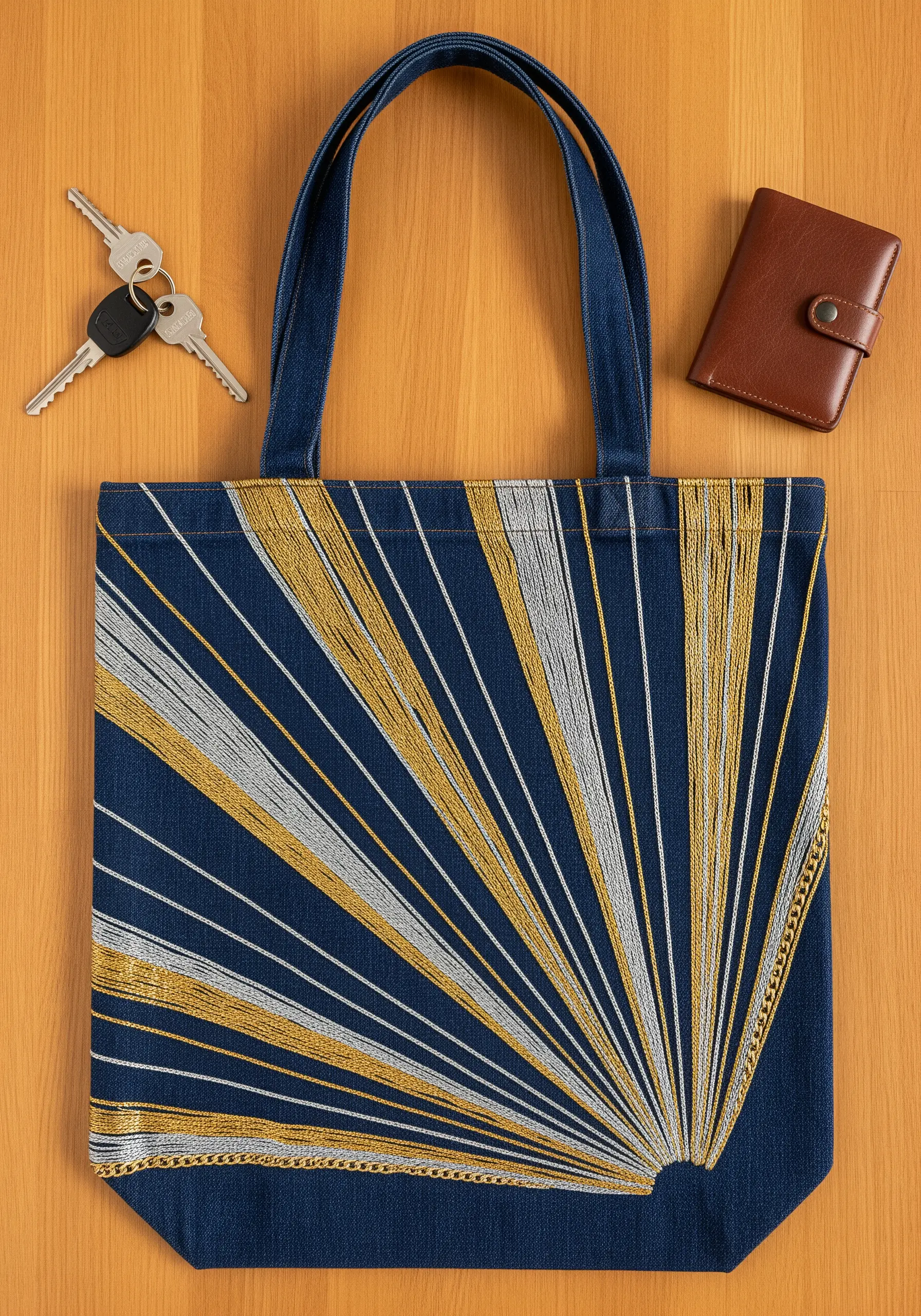 Art Deco style sunburst embroidered in gold and silver metallic threads on a denim tote bag.