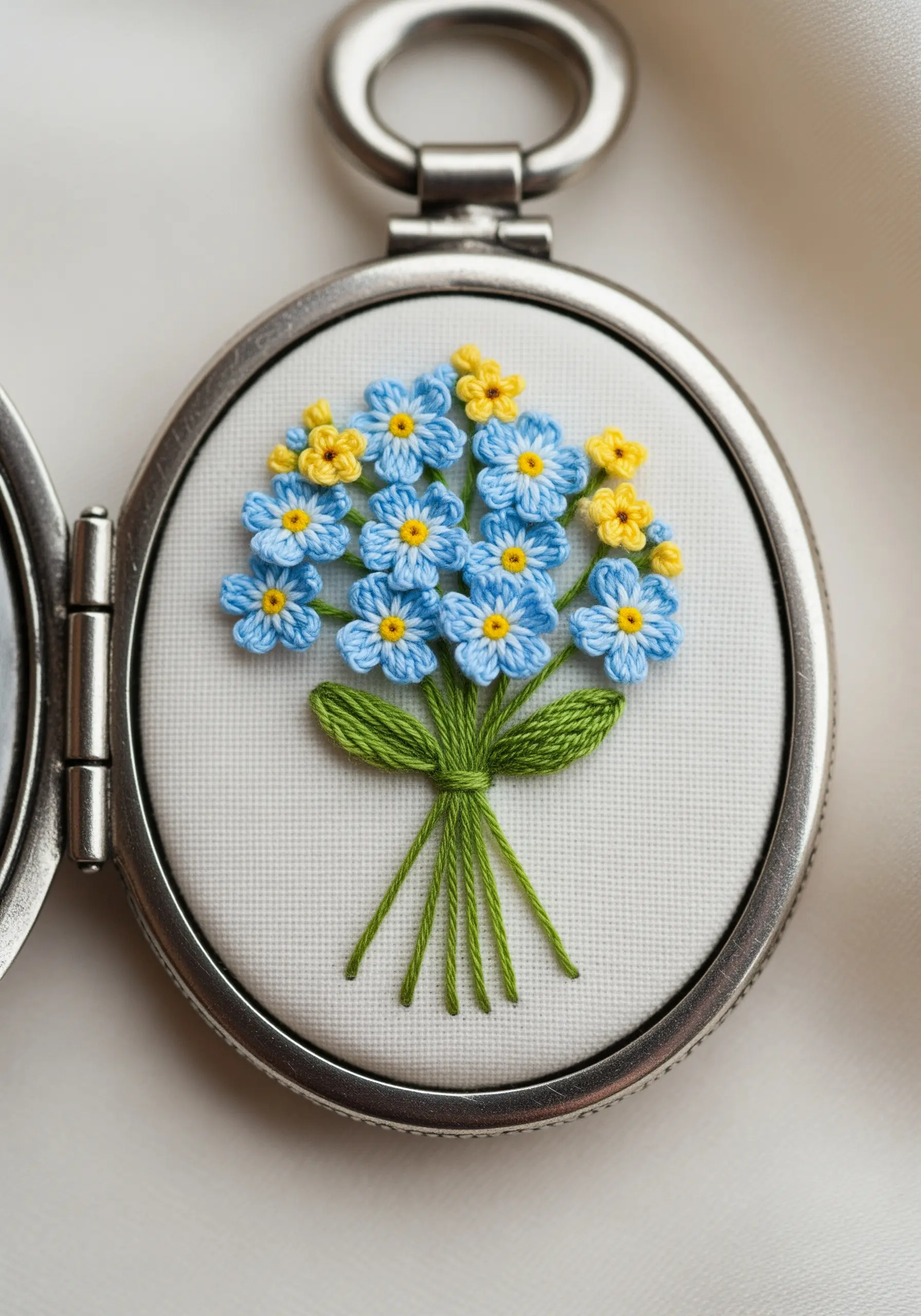 A miniature embroidered bouquet of blue and yellow forget-me-nots inside a silver locket.