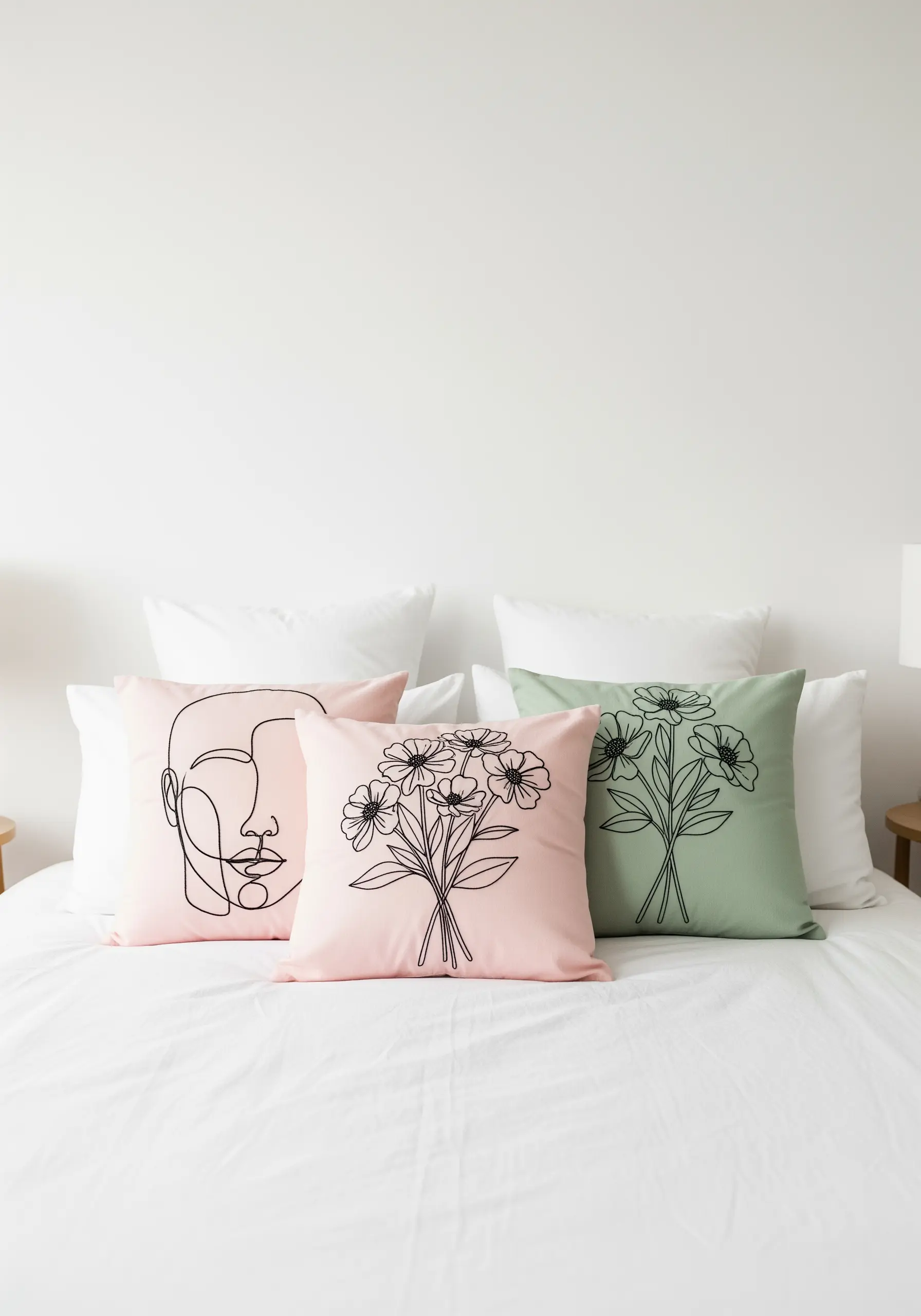 Three pillows with minimalist black line art embroidery: a face and two floral bouquets.