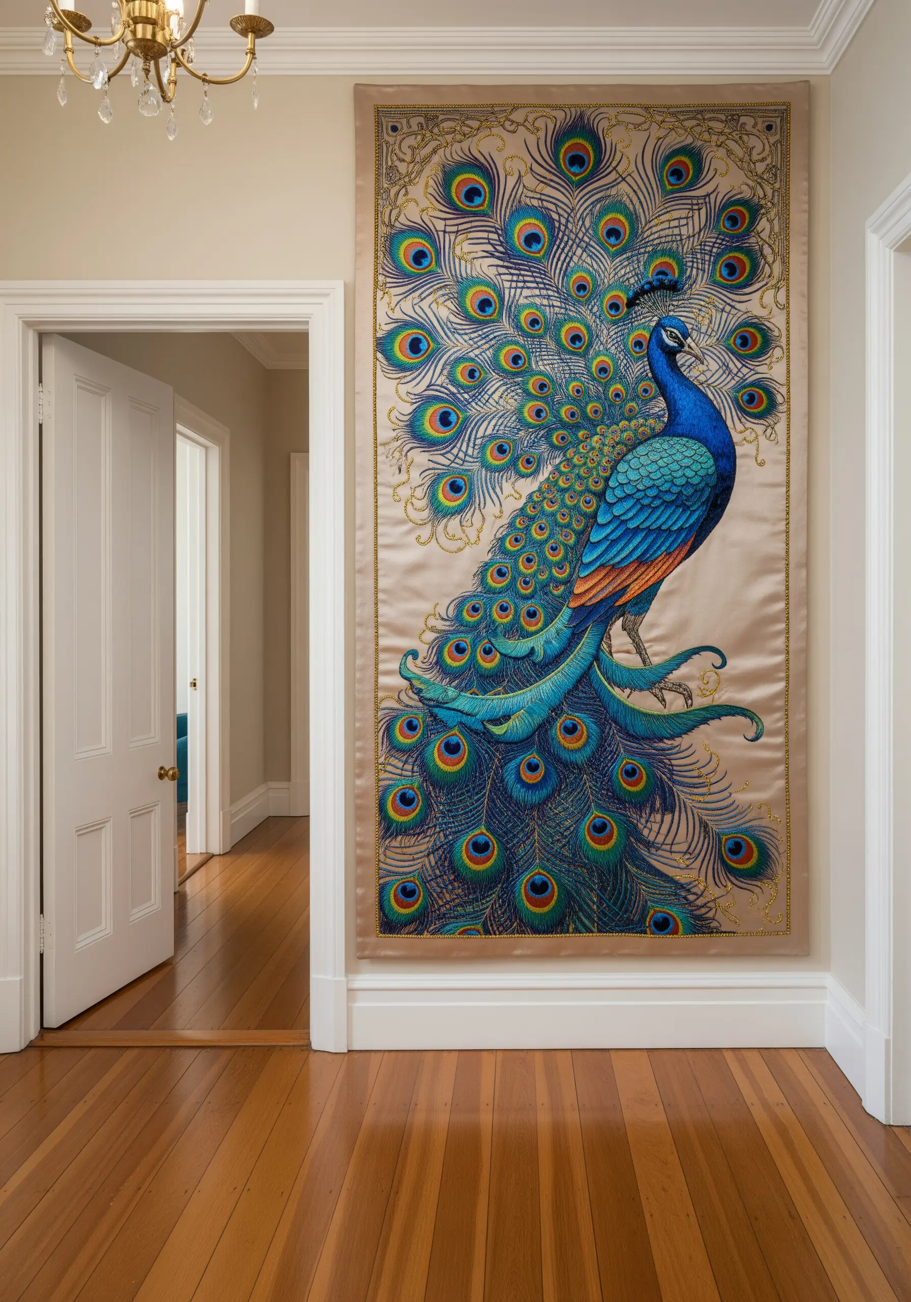 A magnificent embroidered wall hanging of a peacock with its tail feathers fully displayed.