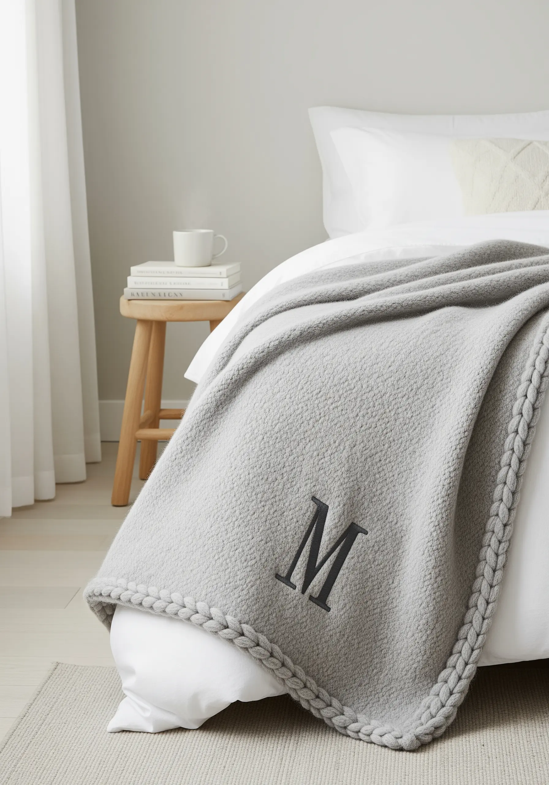 A classic, dark grey satin-stitched monogram 'M' on a light grey textured blanket.