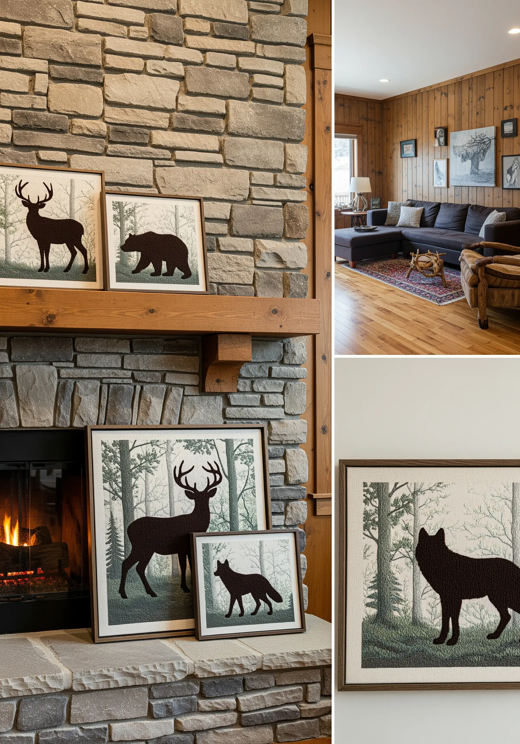 A collection of framed embroideries featuring dark silhouettes of a deer, bear, and wolf