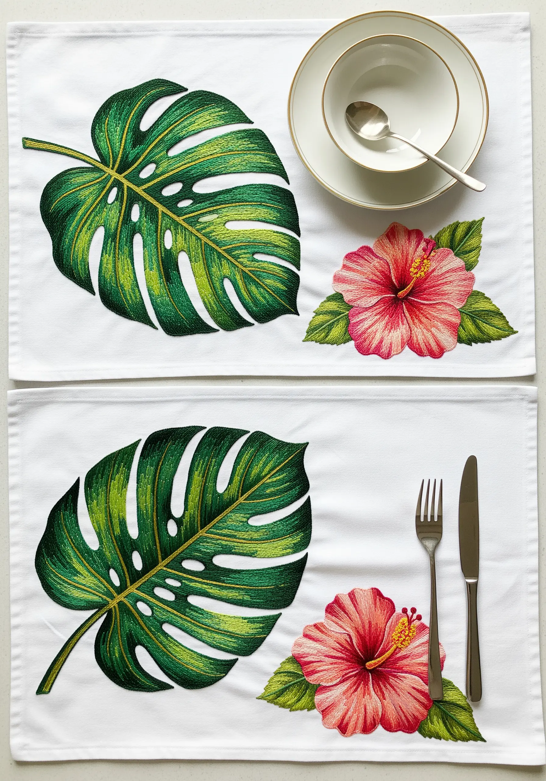Two white placemats, one with a large thread-painted monstera leaf, the other with a pink hibiscus.