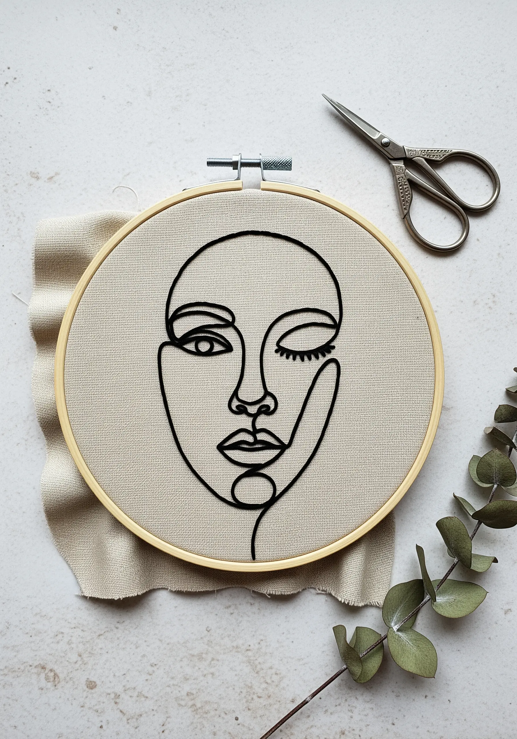 Modern line art face embroidered with thick black thread on neutral linen fabric.