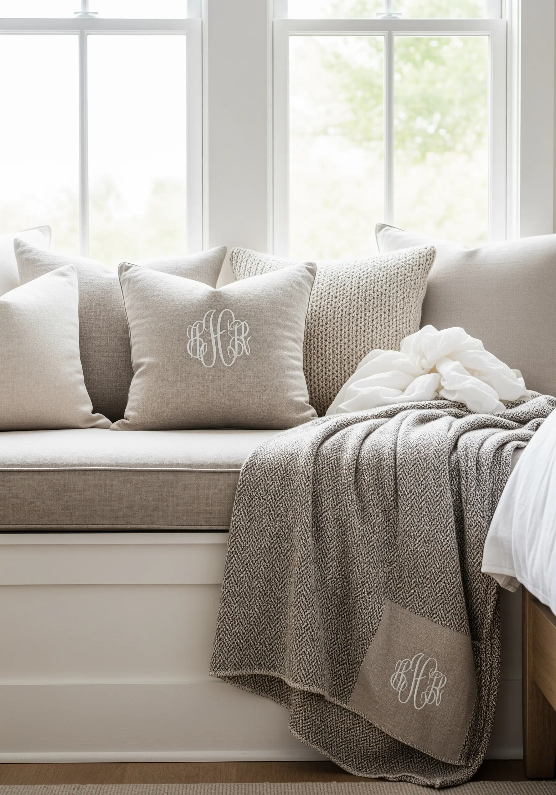 A classic white interlocking vine script monogram on a beige linen cushion.