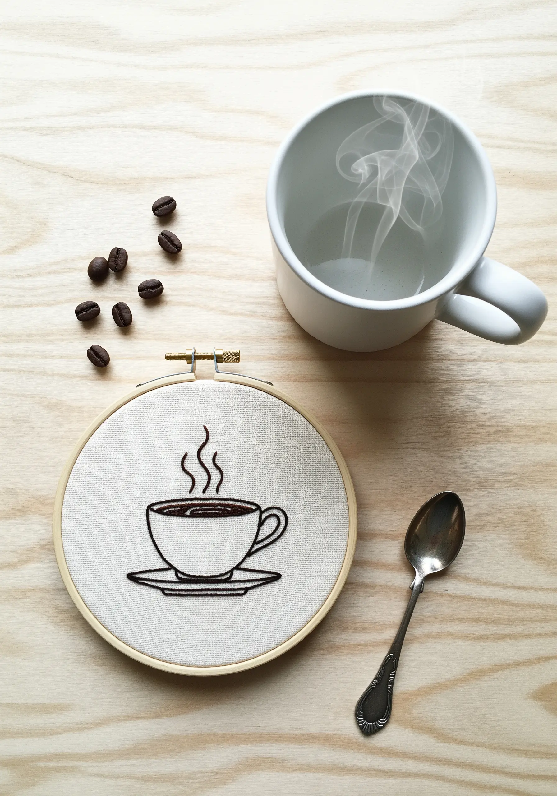 Minimalist line art embroidery of a coffee cup with steam in a small hoop.