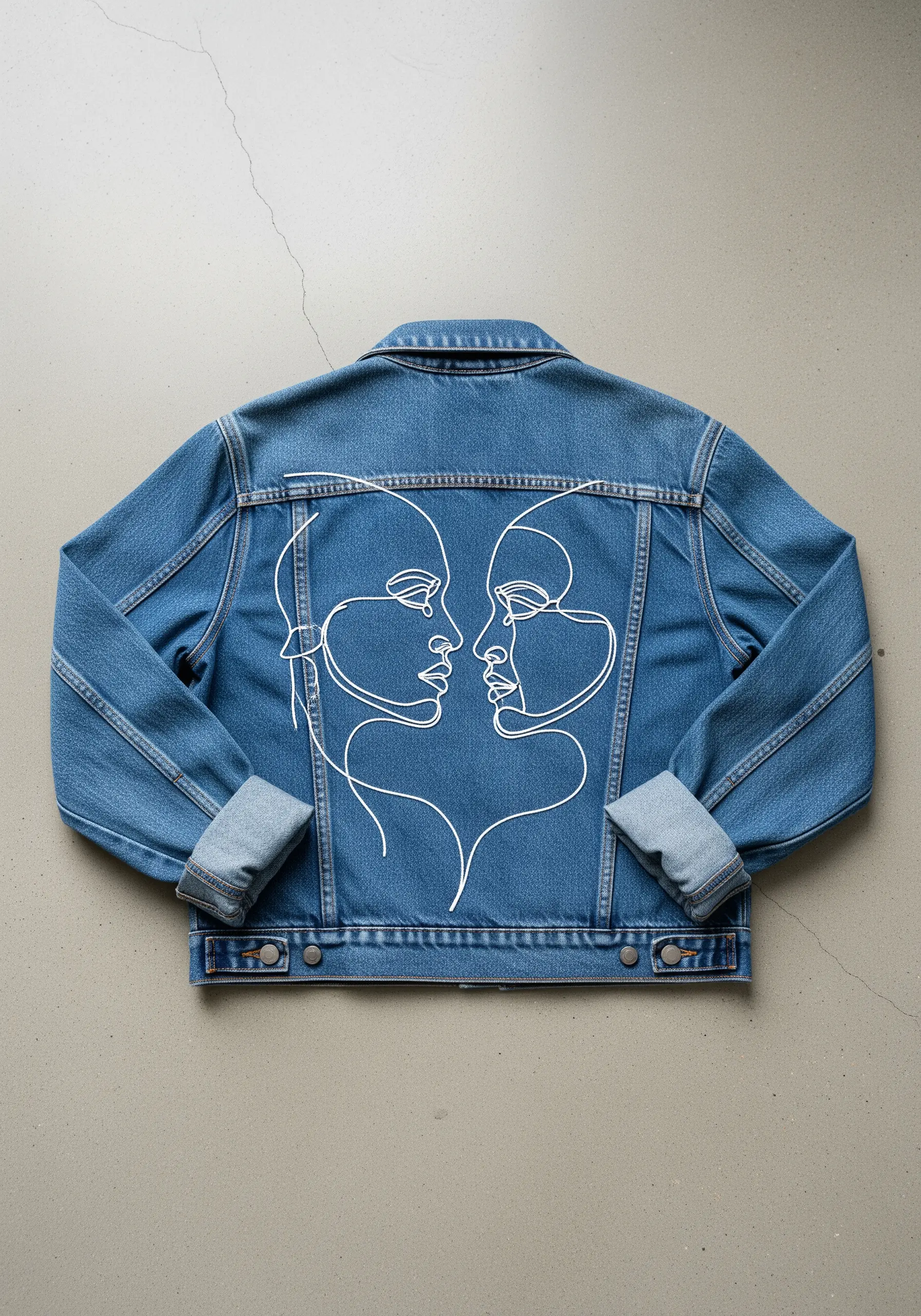 Continuous white line-art embroidery of two faces touching, centered on a denim jacket back.