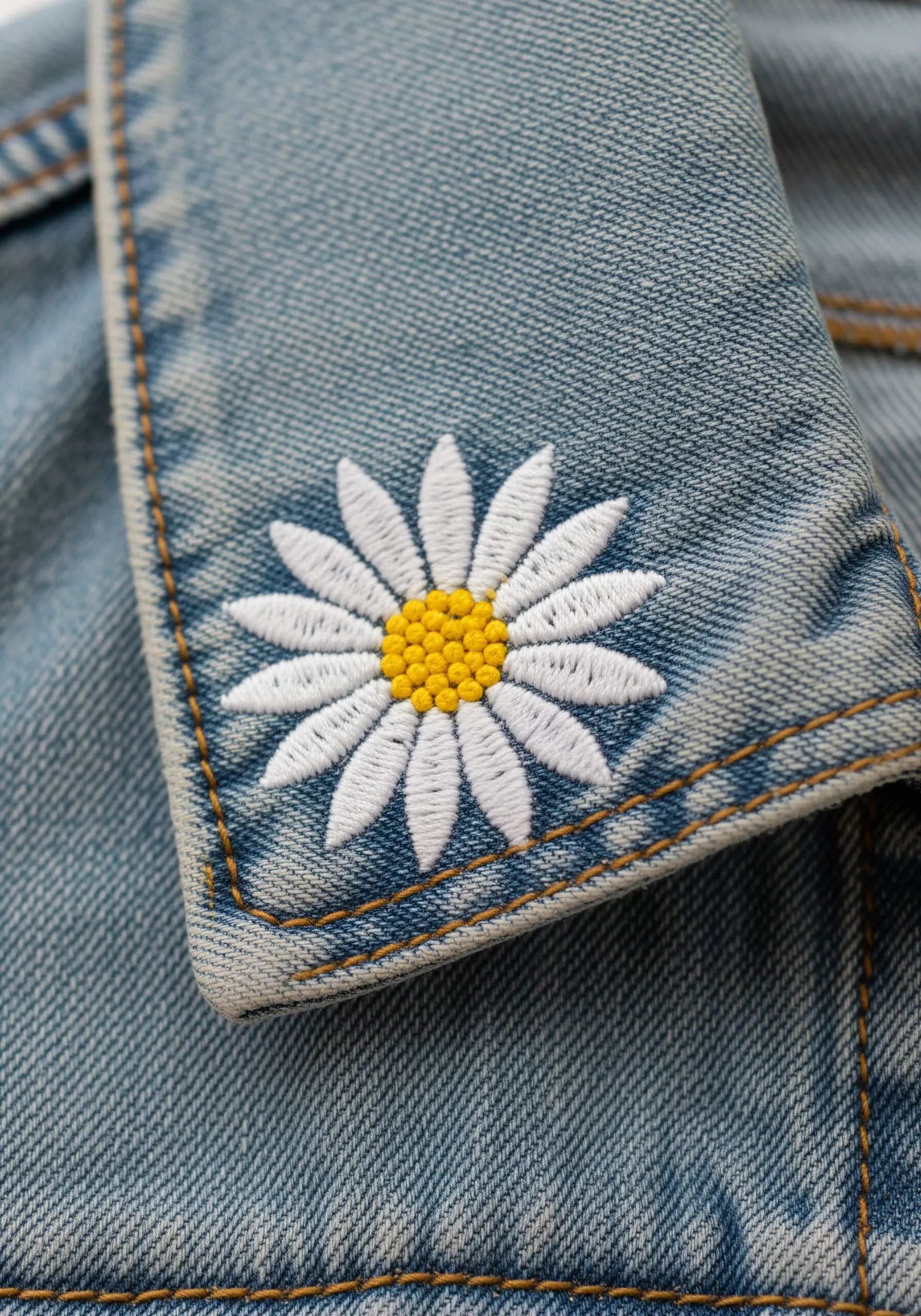 A perfectly stitched white daisy with a yellow center on the corner of a denim jacket collar.