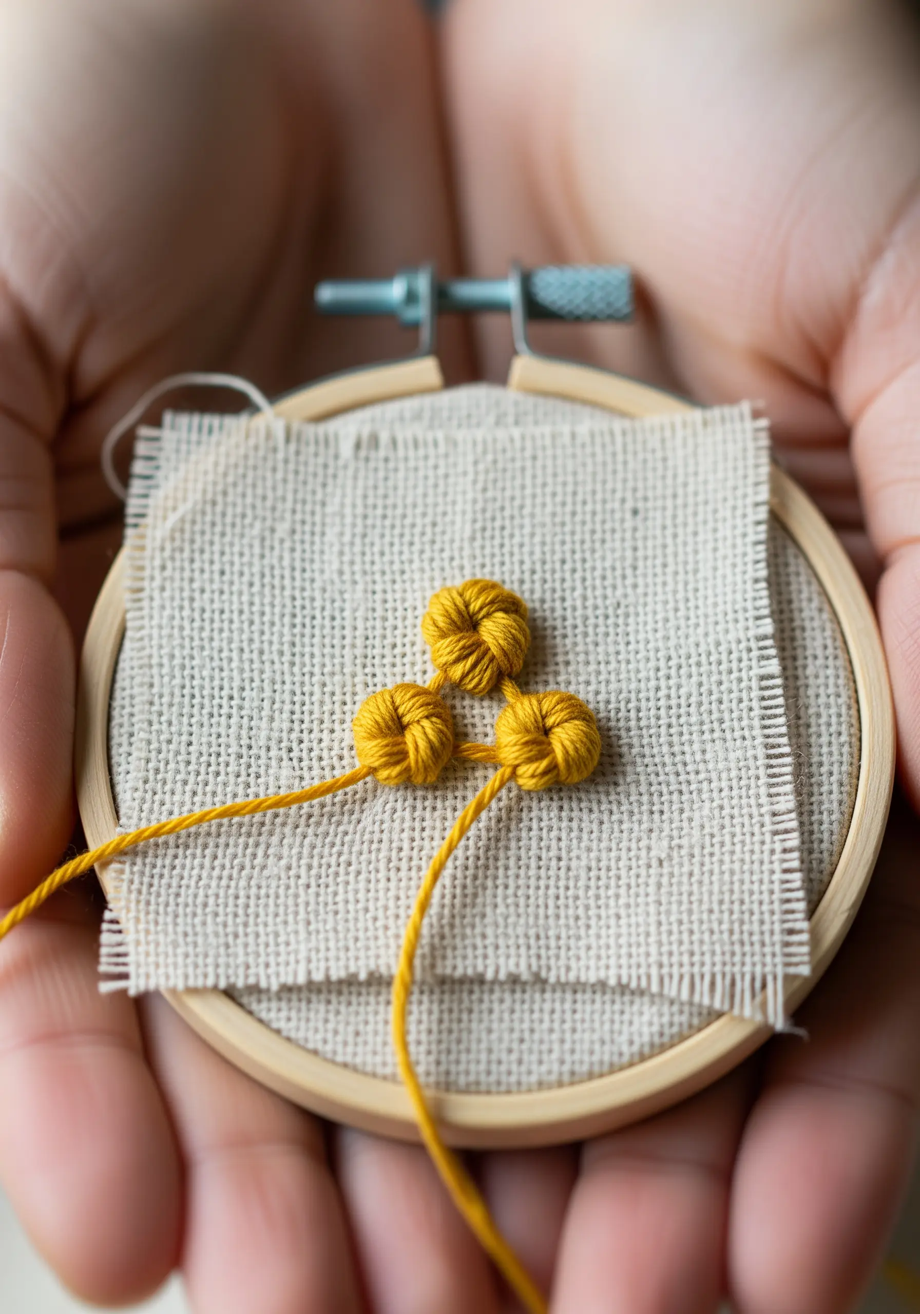 Close-up of three yellow woven wheel stitches on a scrap of linen.