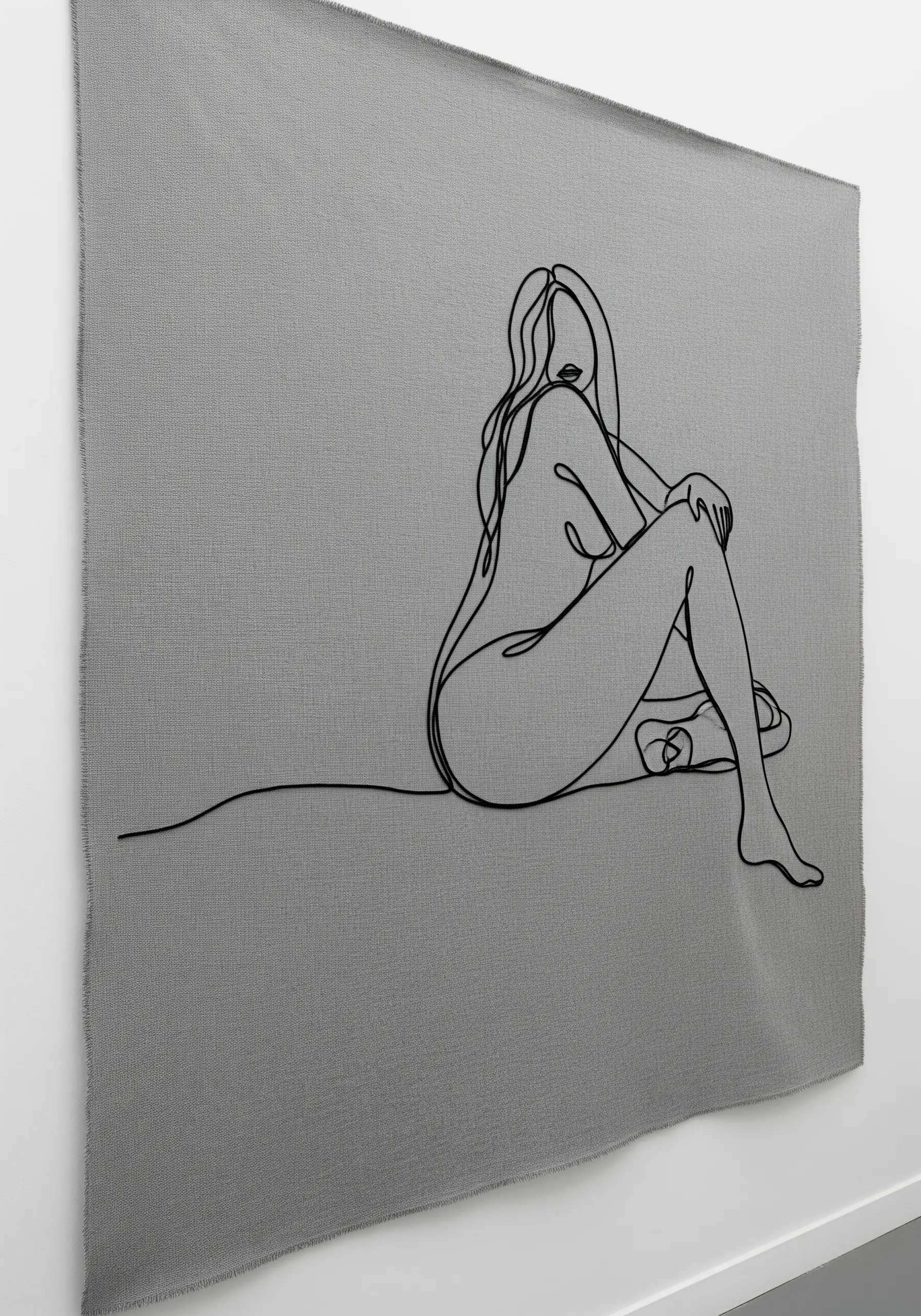 Minimalist line art embroidery of a seated figure, created with a single continuous black thread on grey fabric.