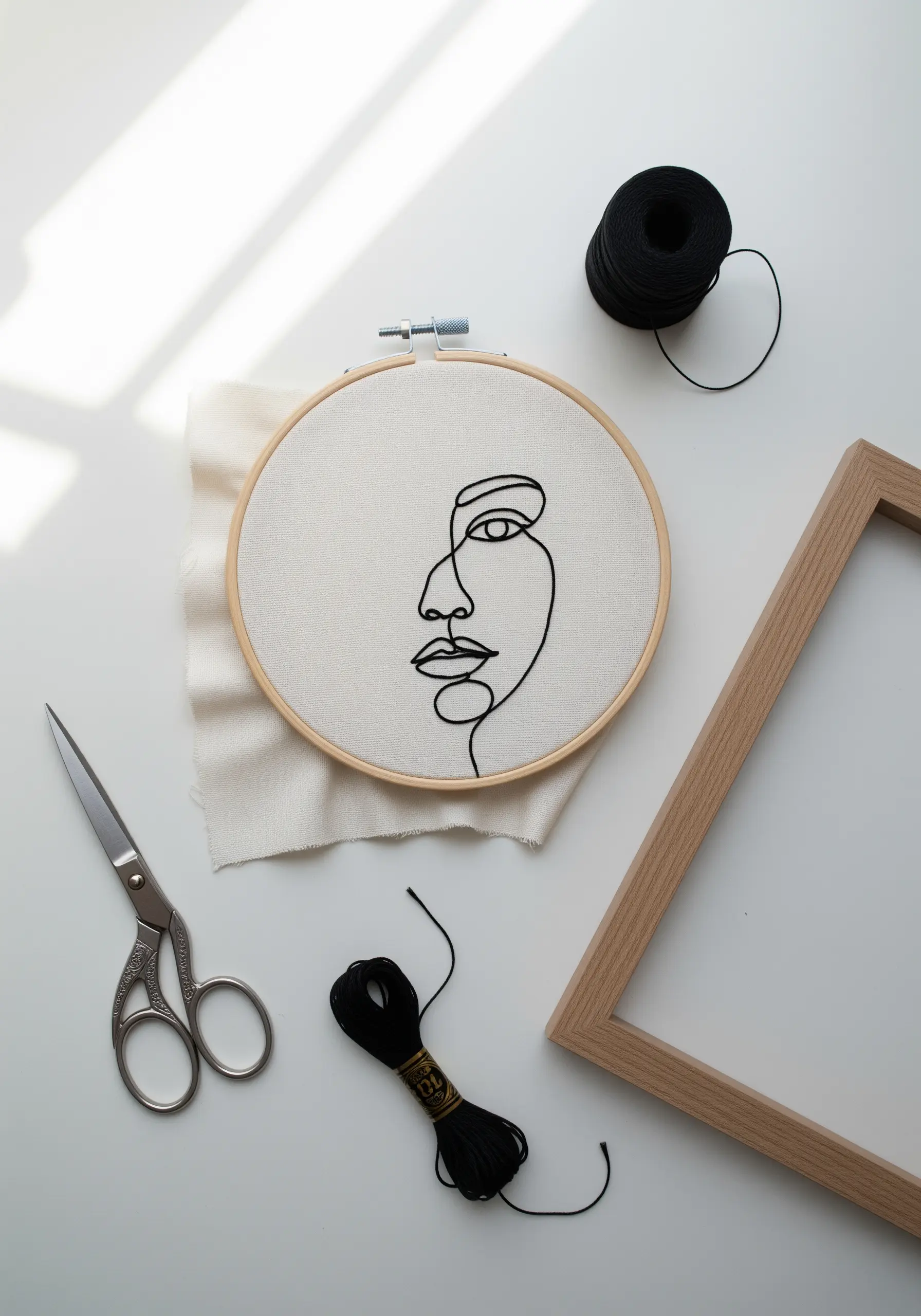 Minimalist line art portrait of a face embroidered in a wooden hoop.