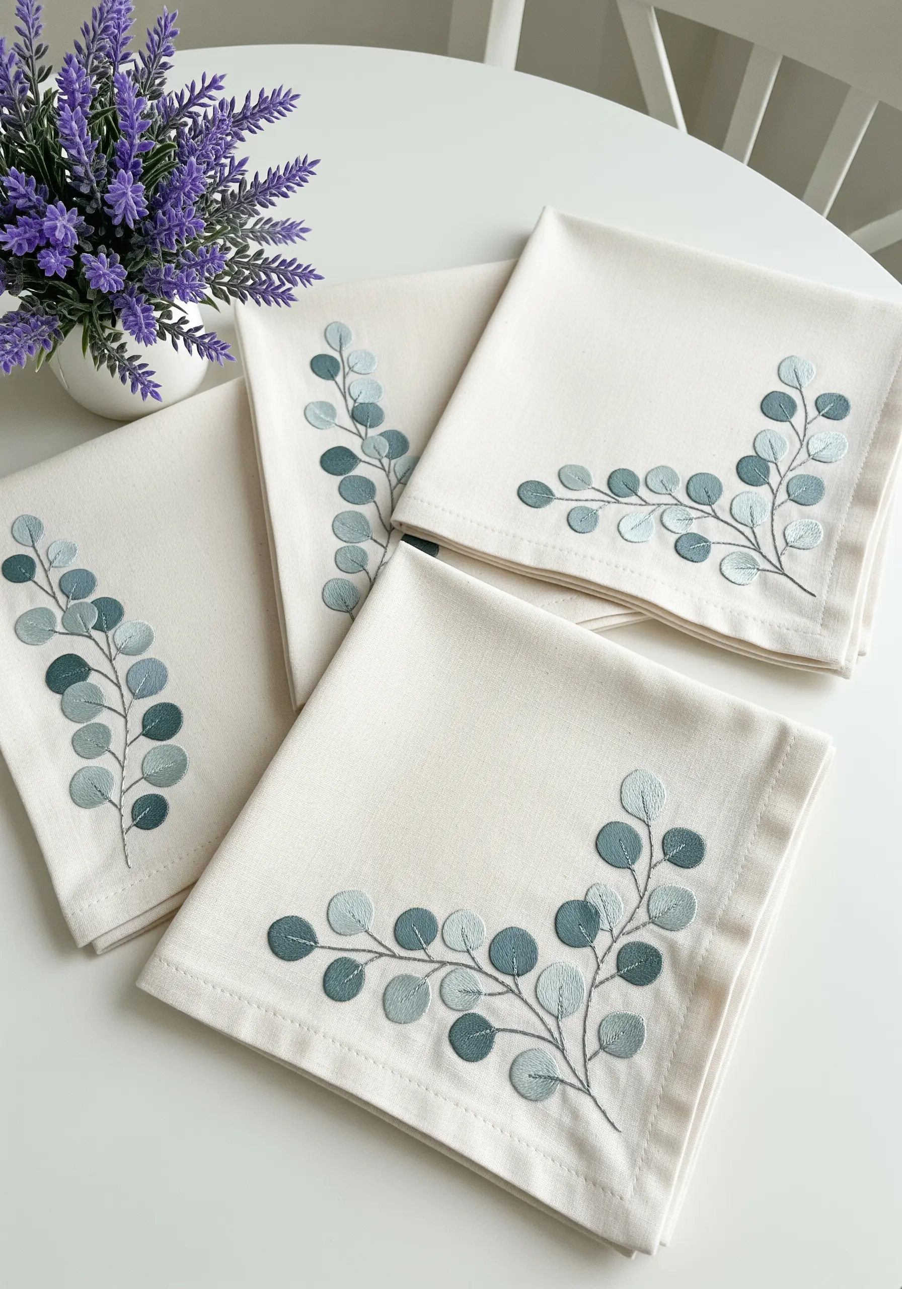 Napkin corner with a modern eucalyptus branch embroidered in dusty blue and green satin stitch.