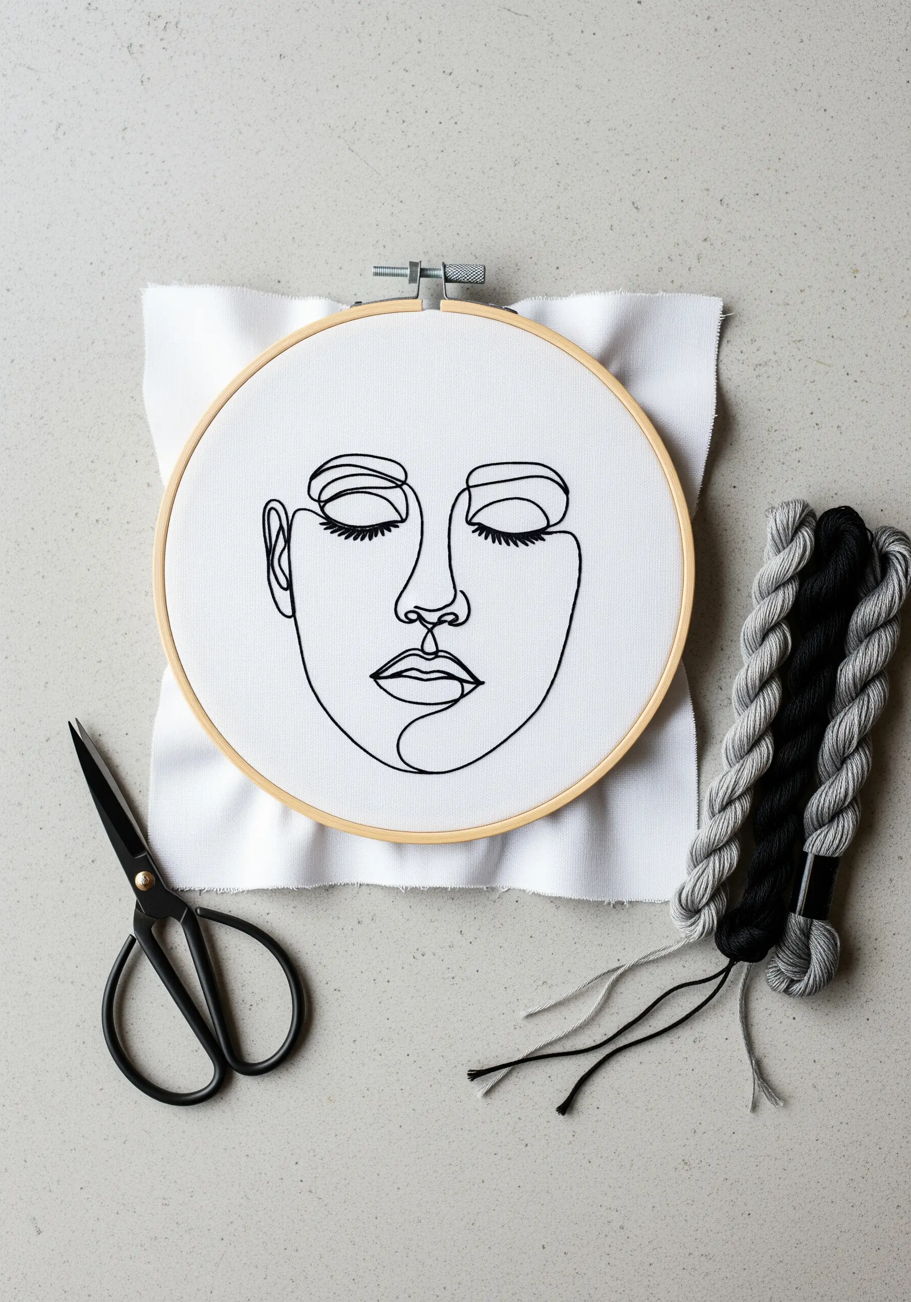 Black thread single-line art portrait of a face in an embroidery hoop.