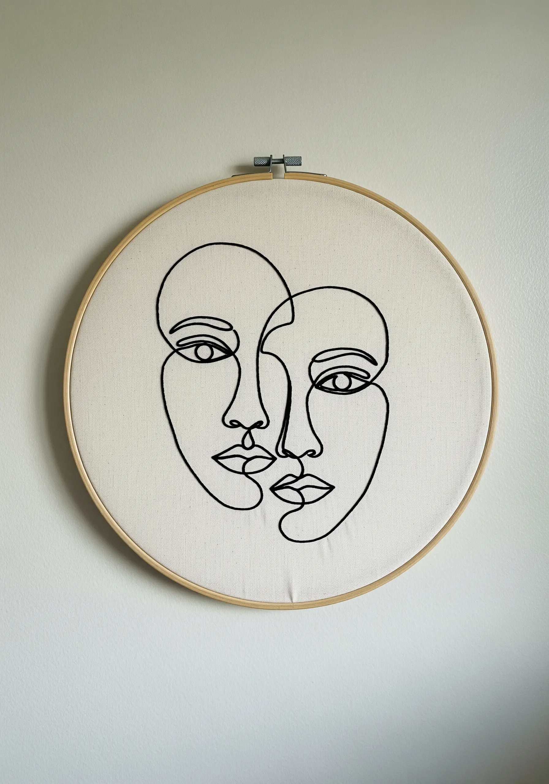 Minimalist continuous line art embroidery of two faces in a wooden hoop.
