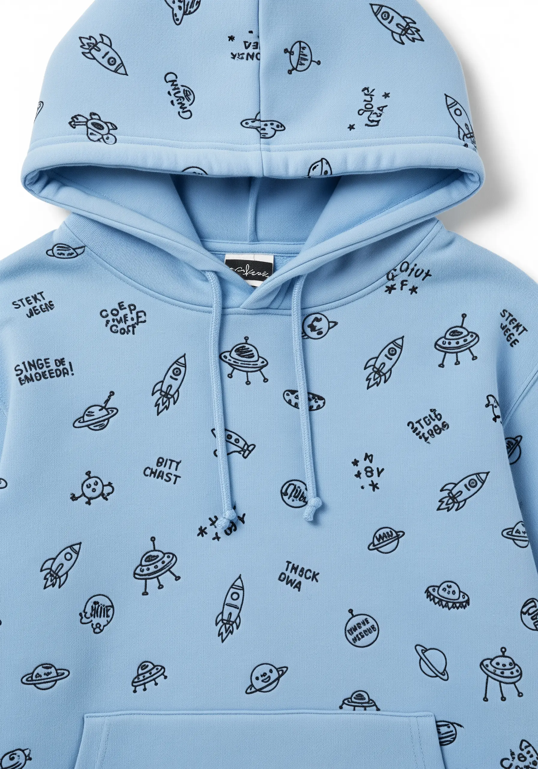 A light blue hoodie covered in a scattered pattern of simple, hand-drawn space doodles.