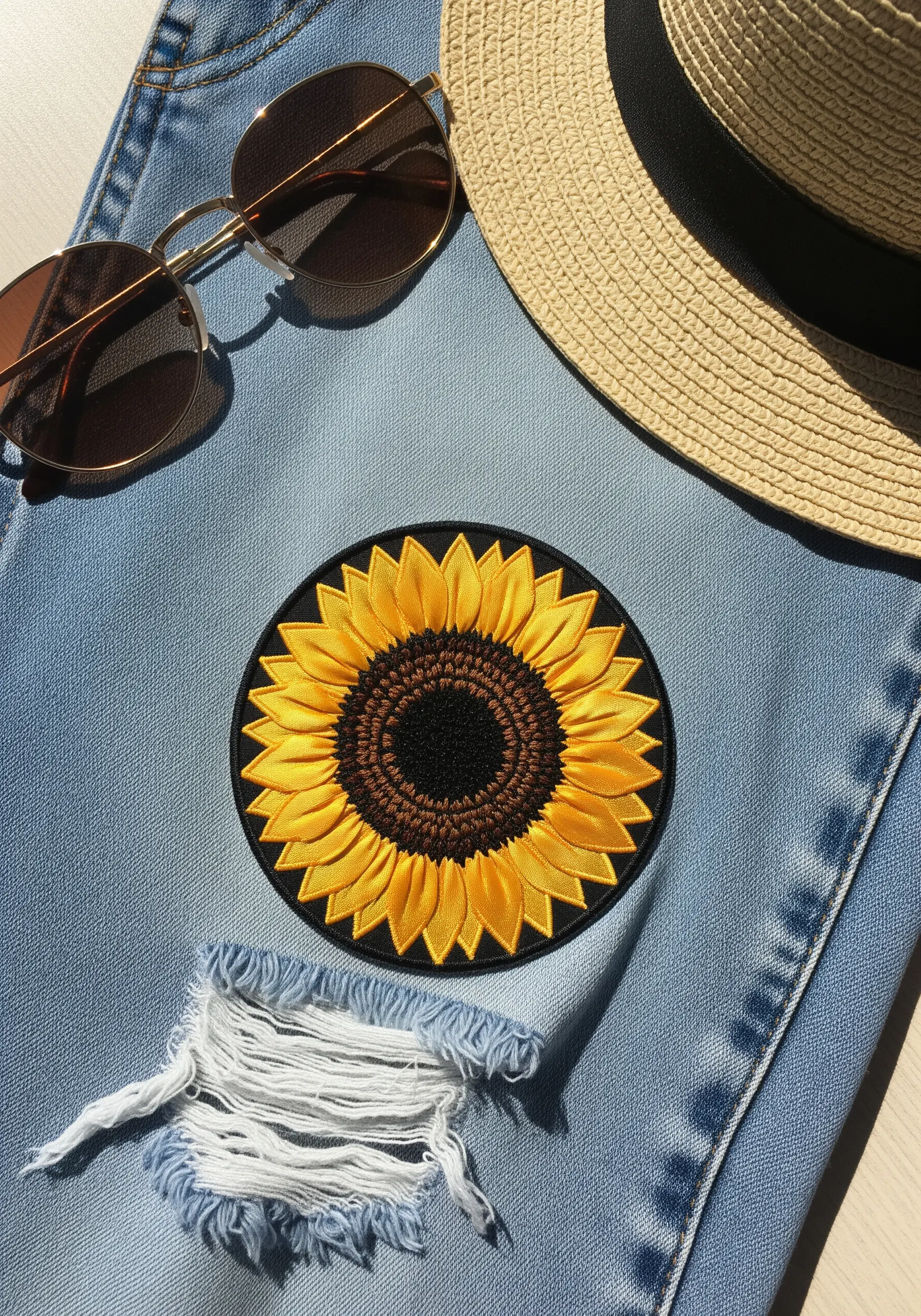 A large, high-definition embroidered sunflower patch on a pair of ripped blue jeans.