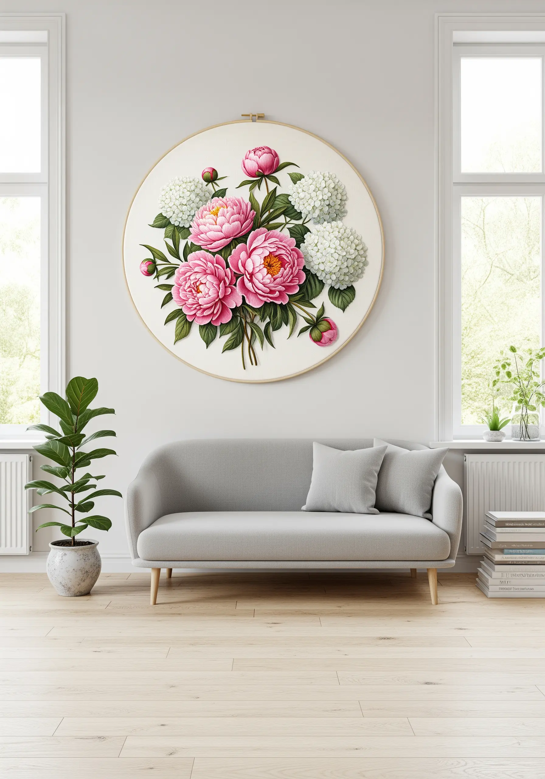 Oversized embroidery hoop with pink peonies and white hydrangeas above a sofa.