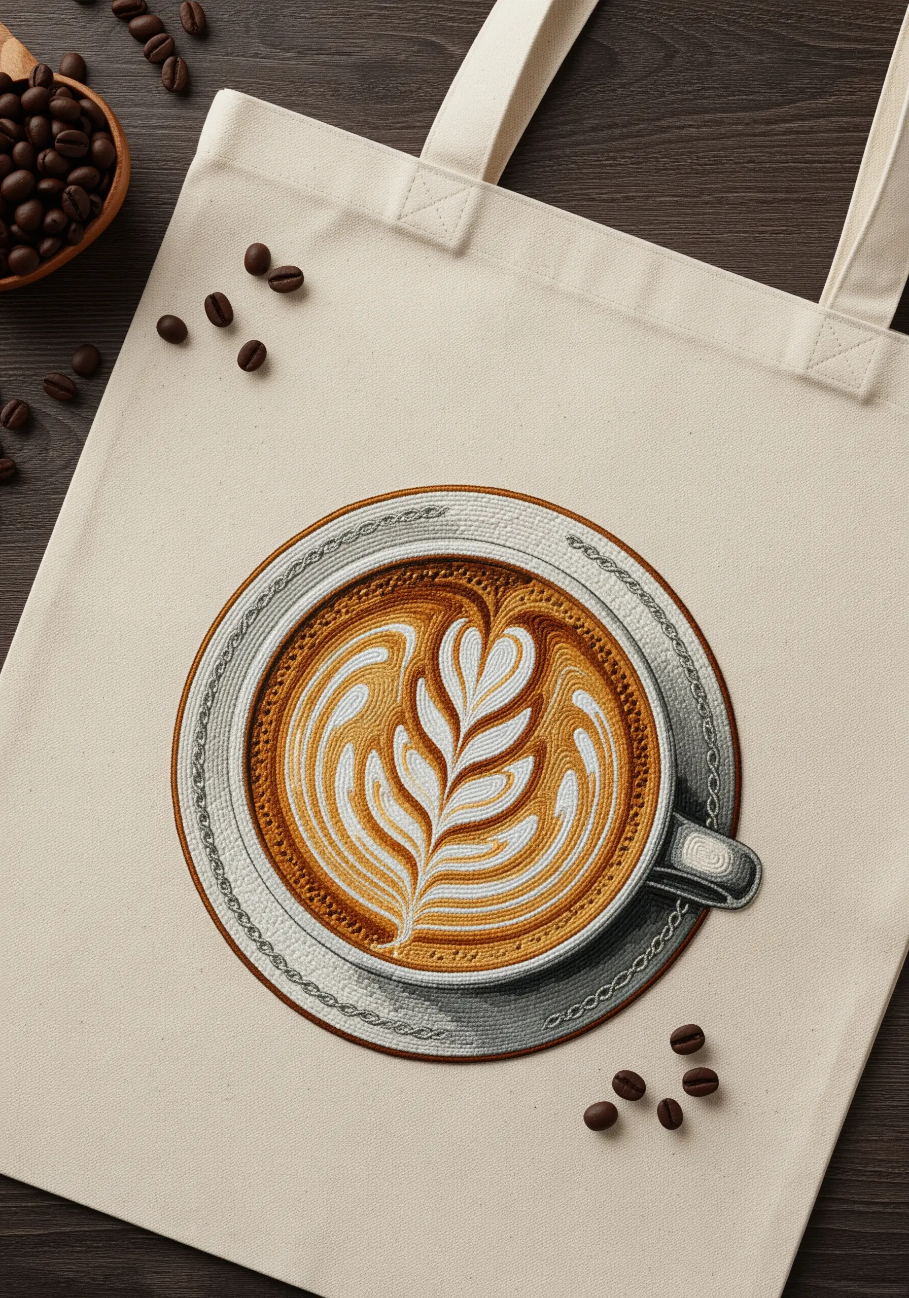 Embroidery of a latte art heart in a coffee cup, viewed from above.