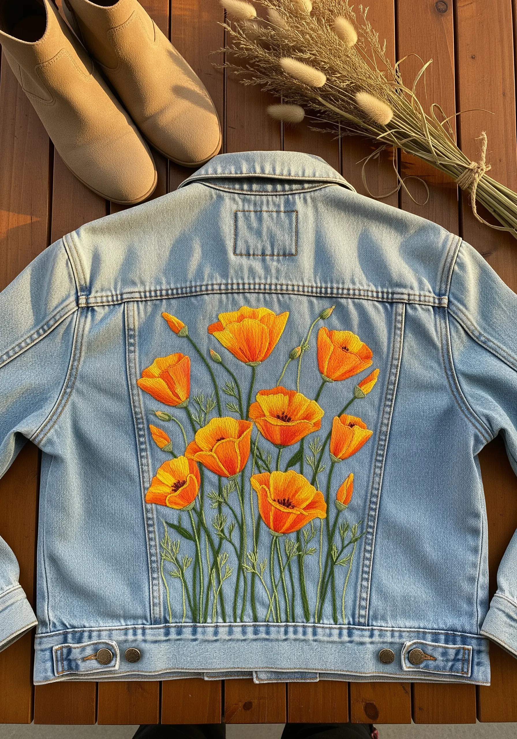 Luminous orange poppy embroidery with thread painting on a light denim jacket back.
