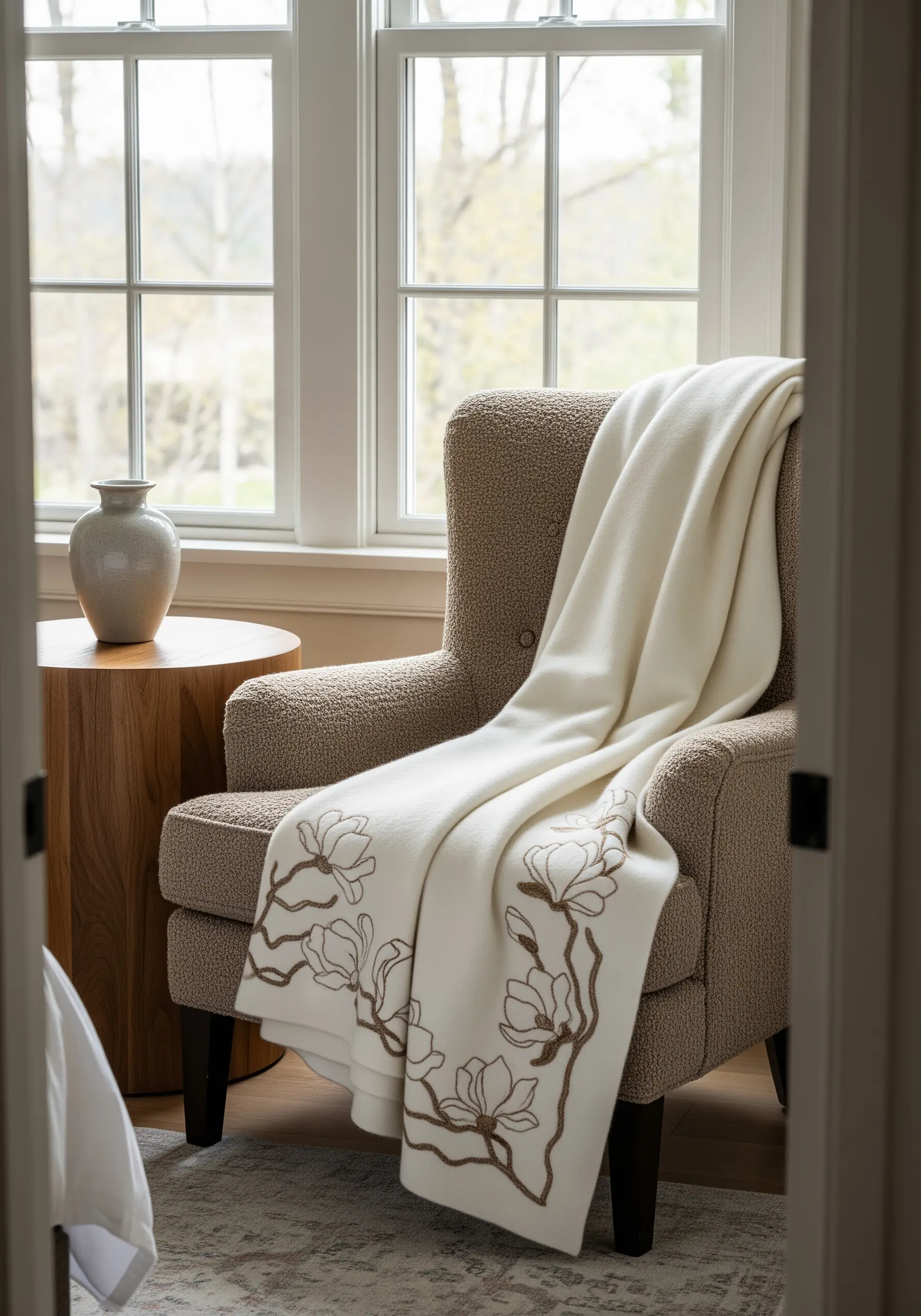 Modern magnolia branch outline embroidered on a cream throw blanket.