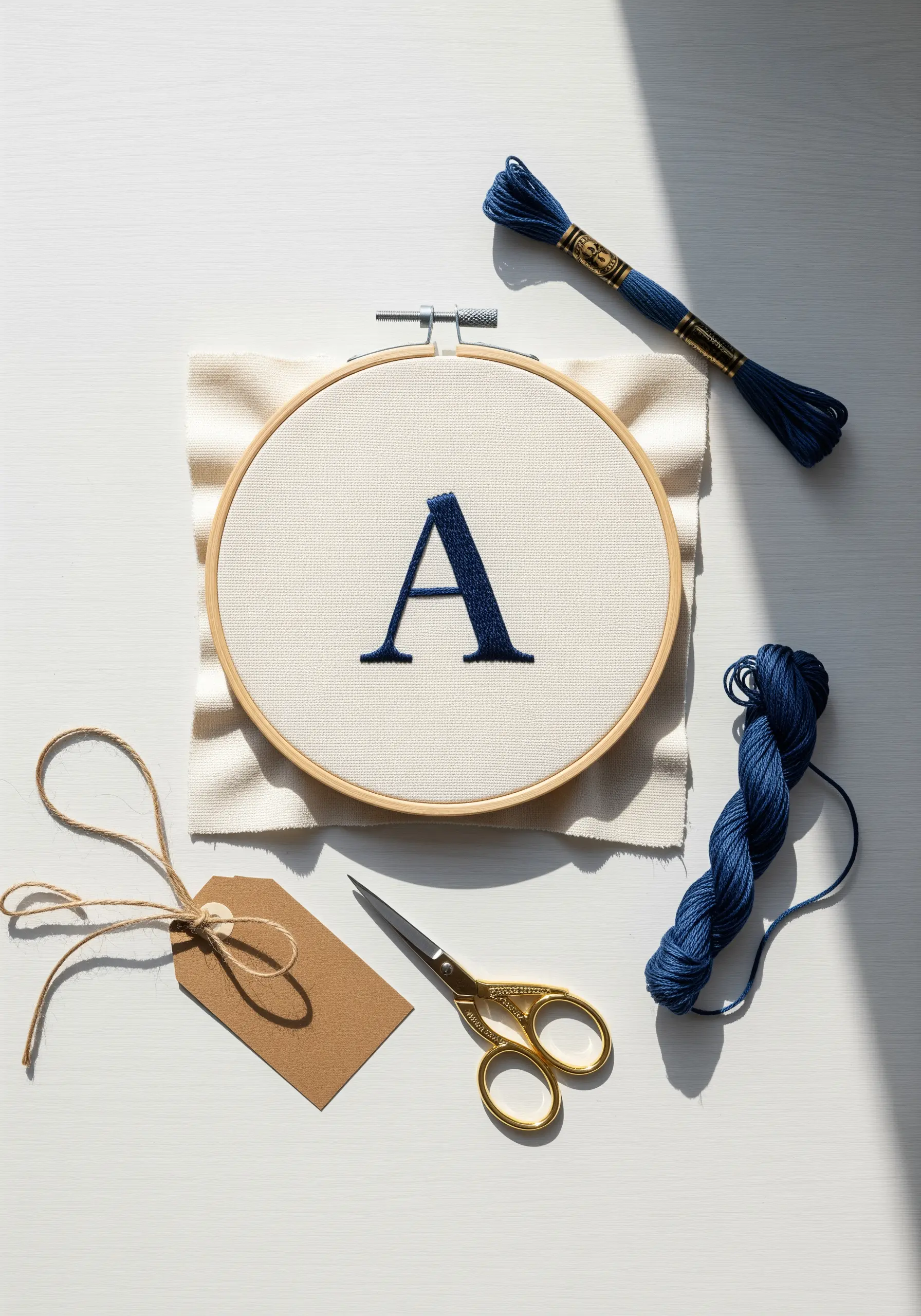 A navy blue satin-stitched letter 'A' in an embroidery hoop with thread and scissors.