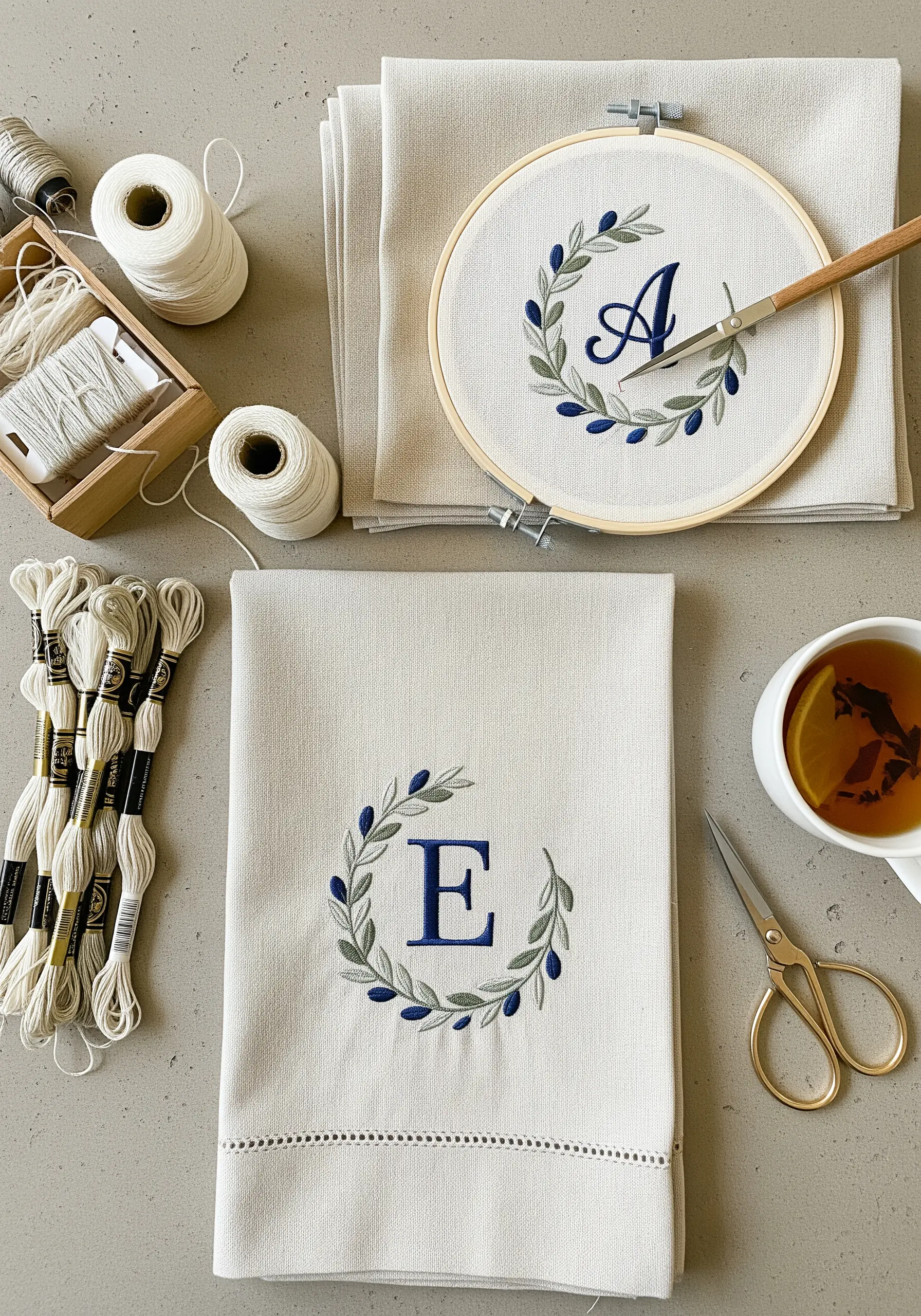Embroidered monogram with a green and blue olive leaf wreath on a linen towel.