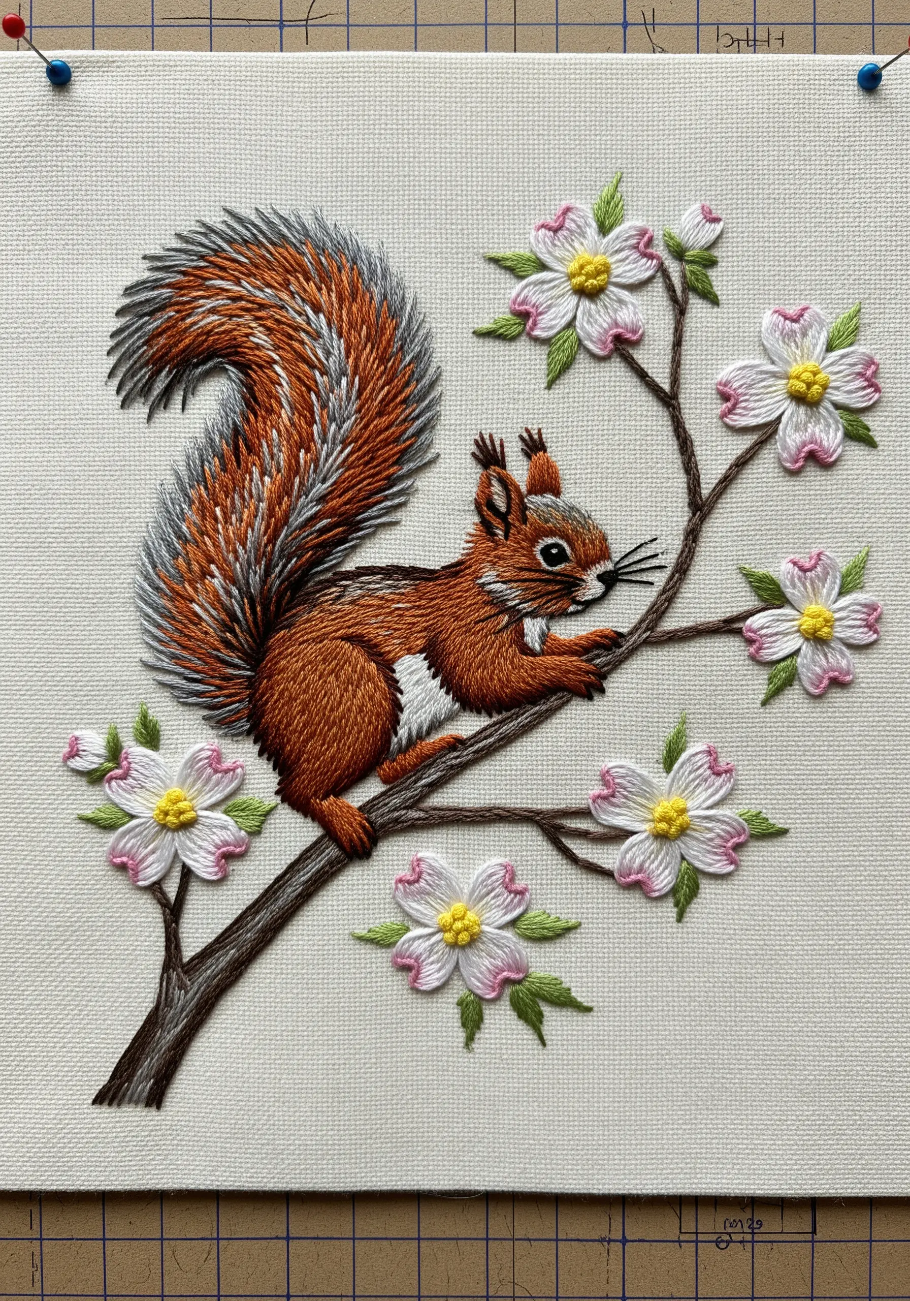 Embroidered squirrel with a multi-toned, bushy tail using thread blending.