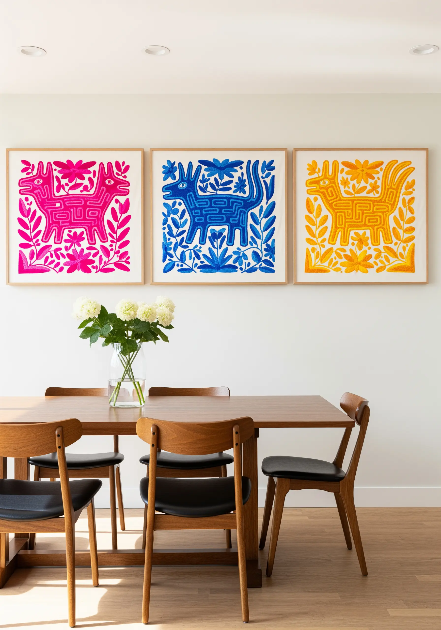A trio of framed Otomí embroidery pieces in pink, blue, and yellow.