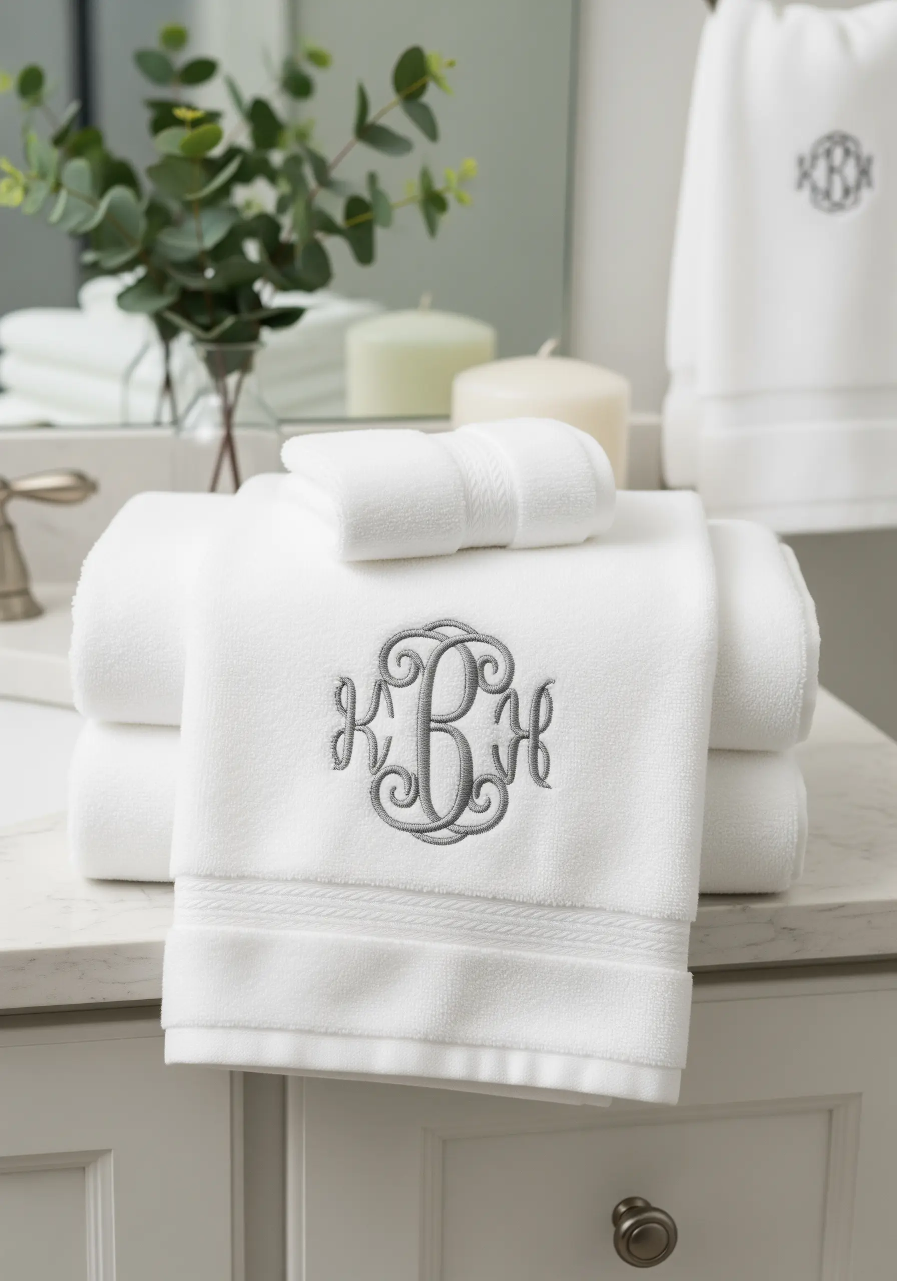 A thick, gray satin-stitched interlocking monogram on a fluffy white bathroom towel.