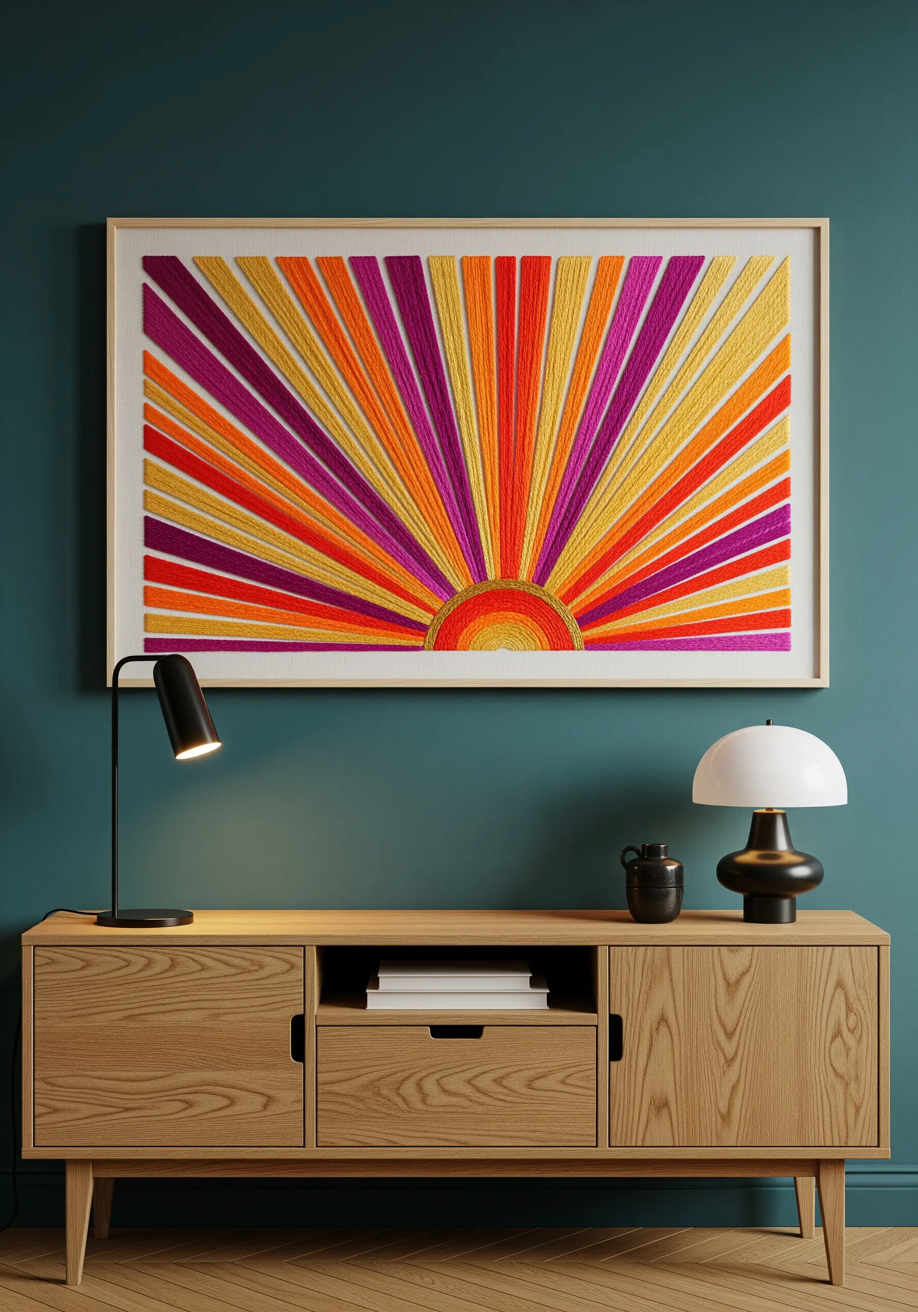 A large framed embroidery of a sunburst in orange, yellow, and magenta satin stitches.