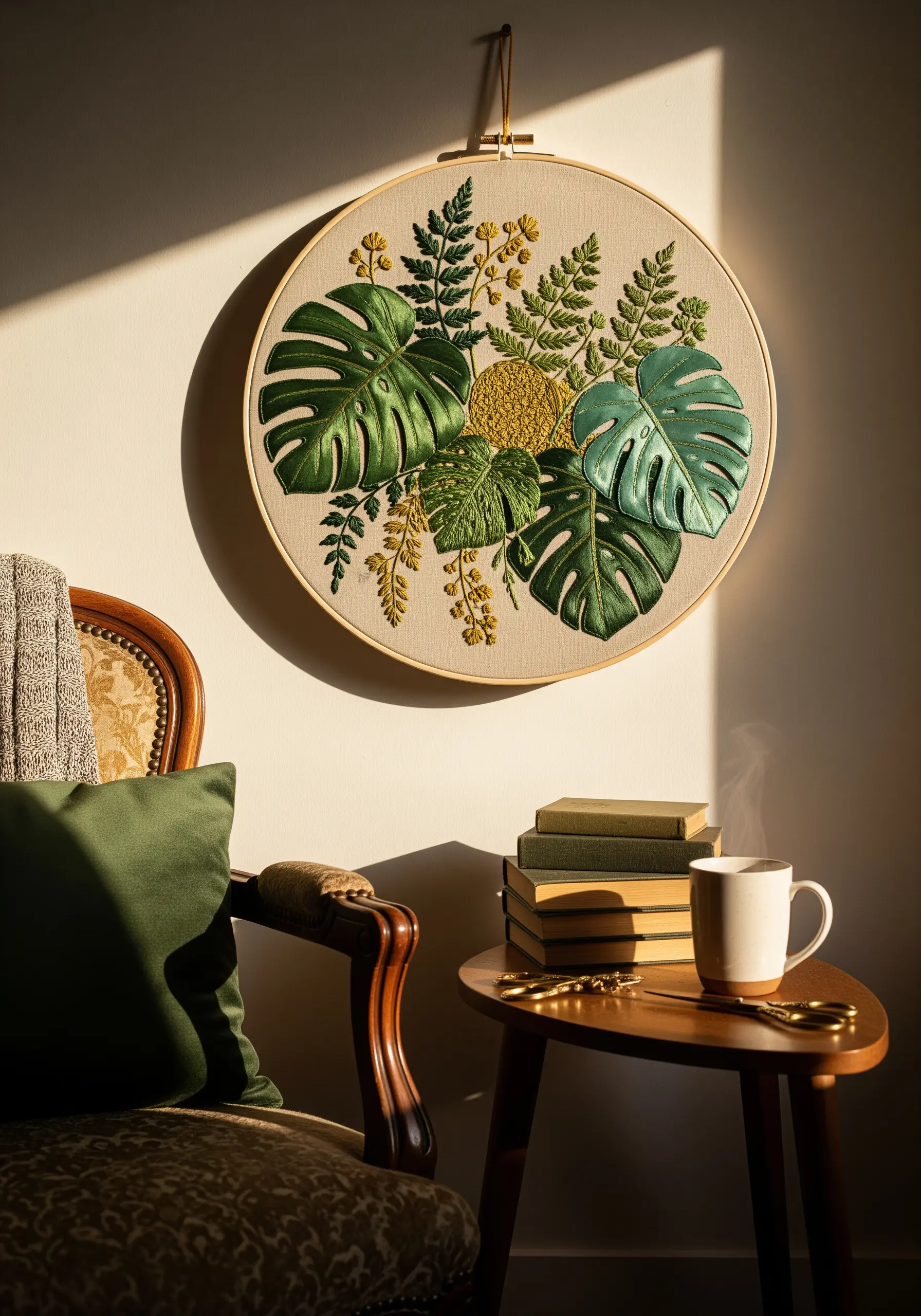 Hoop art with satin-stitched monstera leaves and ferns in various greens.