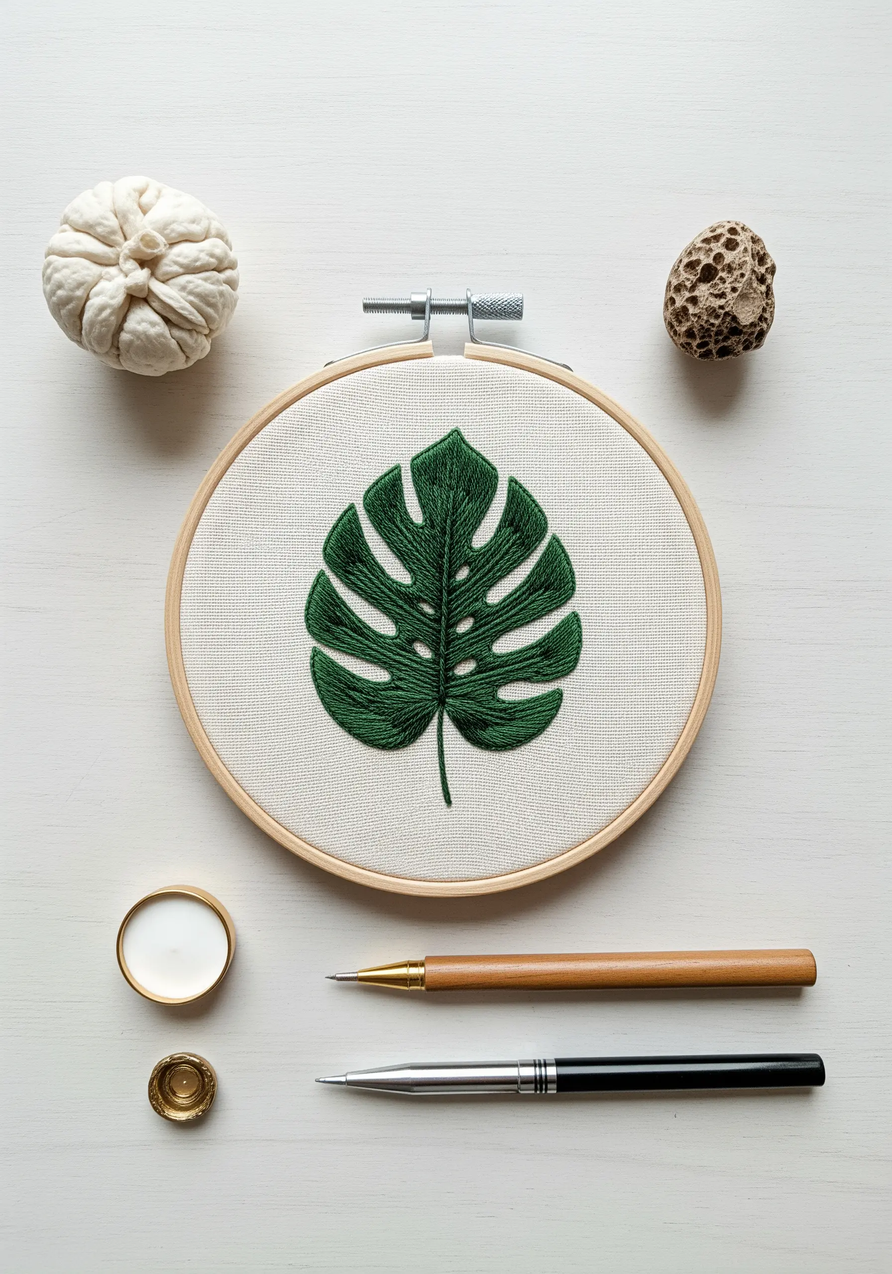 A single monstera leaf embroidered with smooth green satin stitch in a wooden hoop.