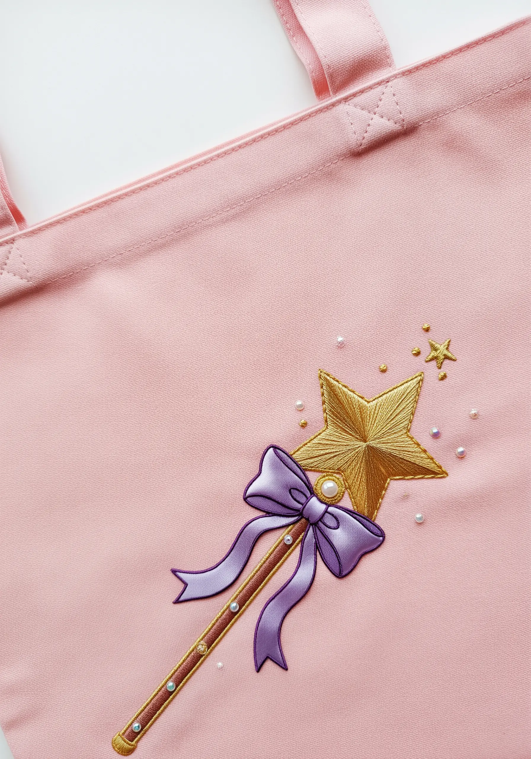 Embroidery of a magical girl wand using metallic thread and pearl beads for a 3D effect.