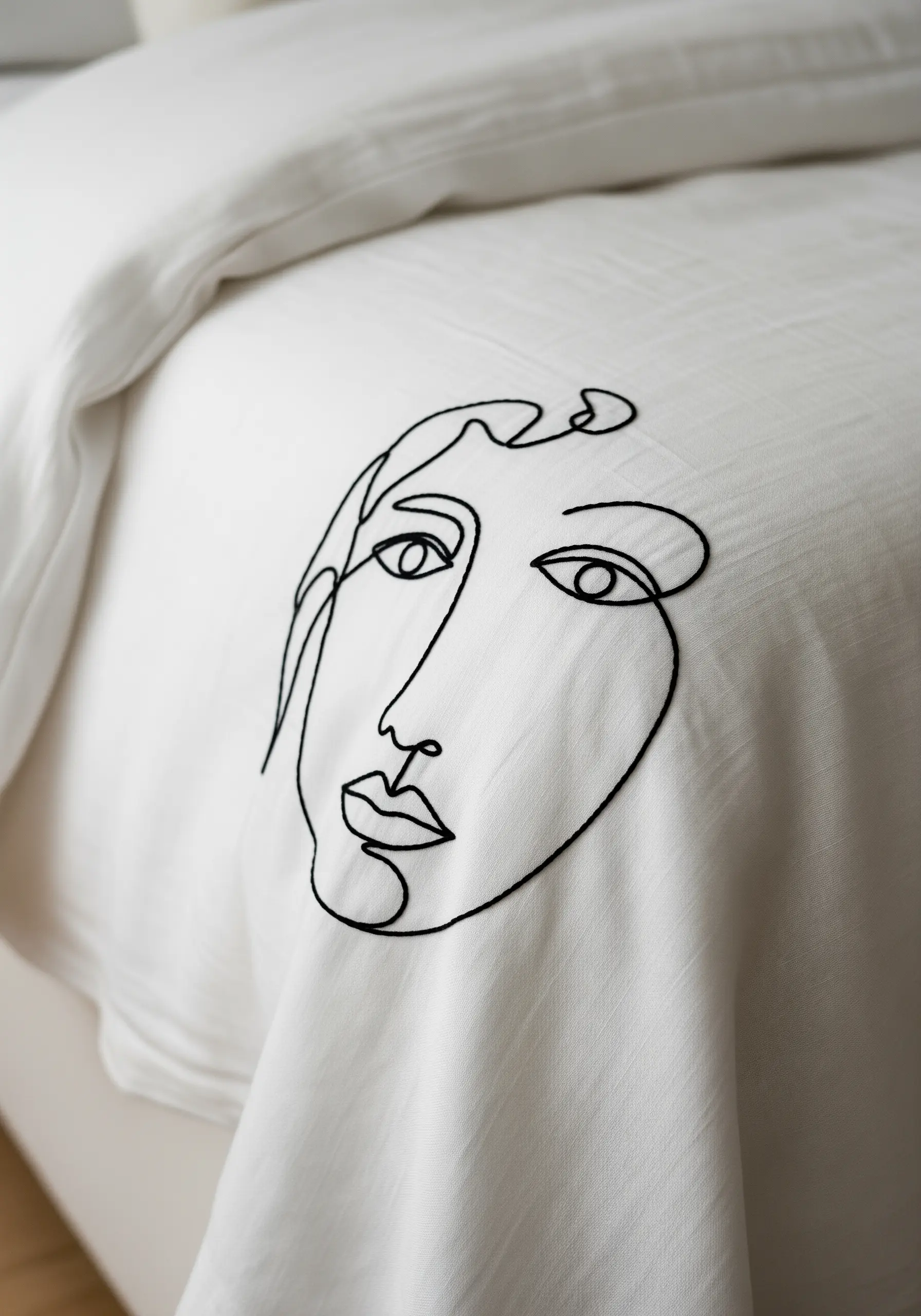 A minimalist one-line portrait of a face embroidered in black thread on a white duvet cover.