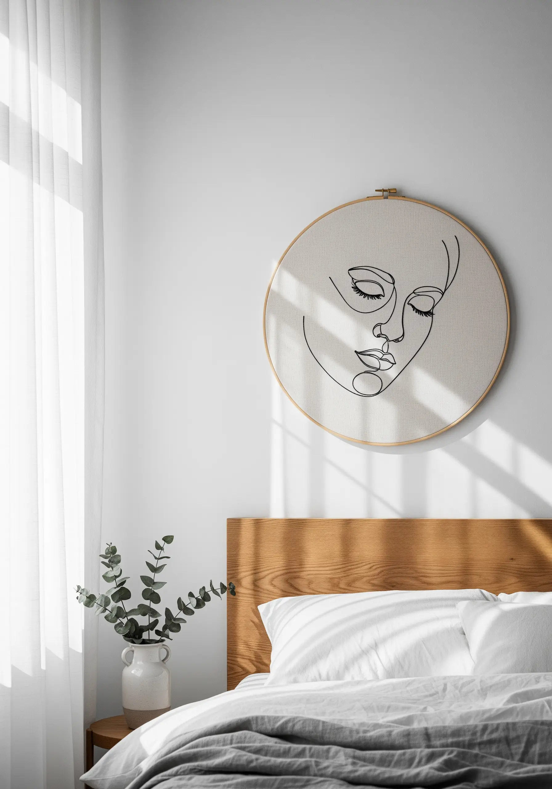 Minimalist single-line art portrait of a face with closed eyes stitched in black thread on linen.