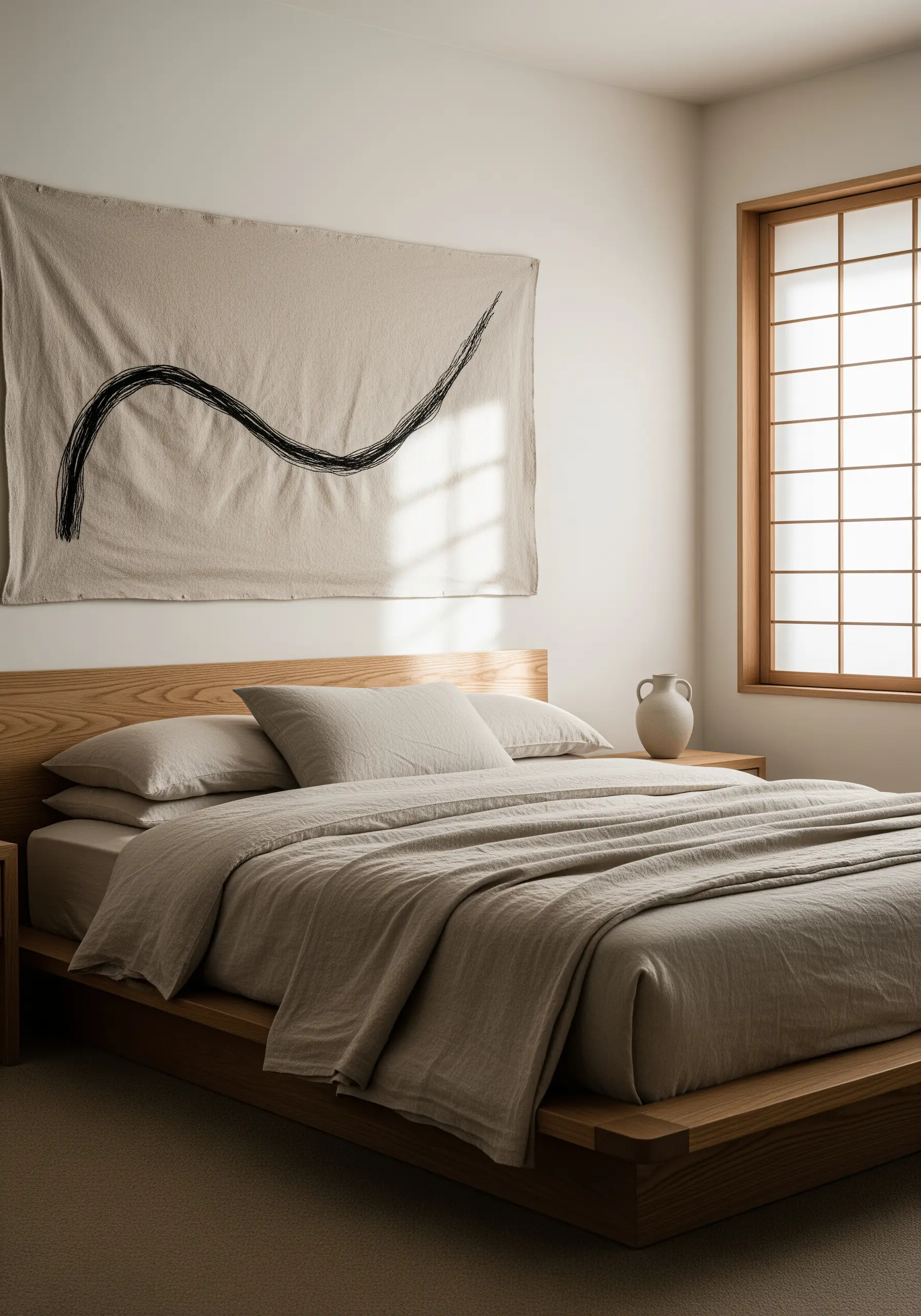 A large linen wall hanging with a single, thick black embroidered line above a bed.