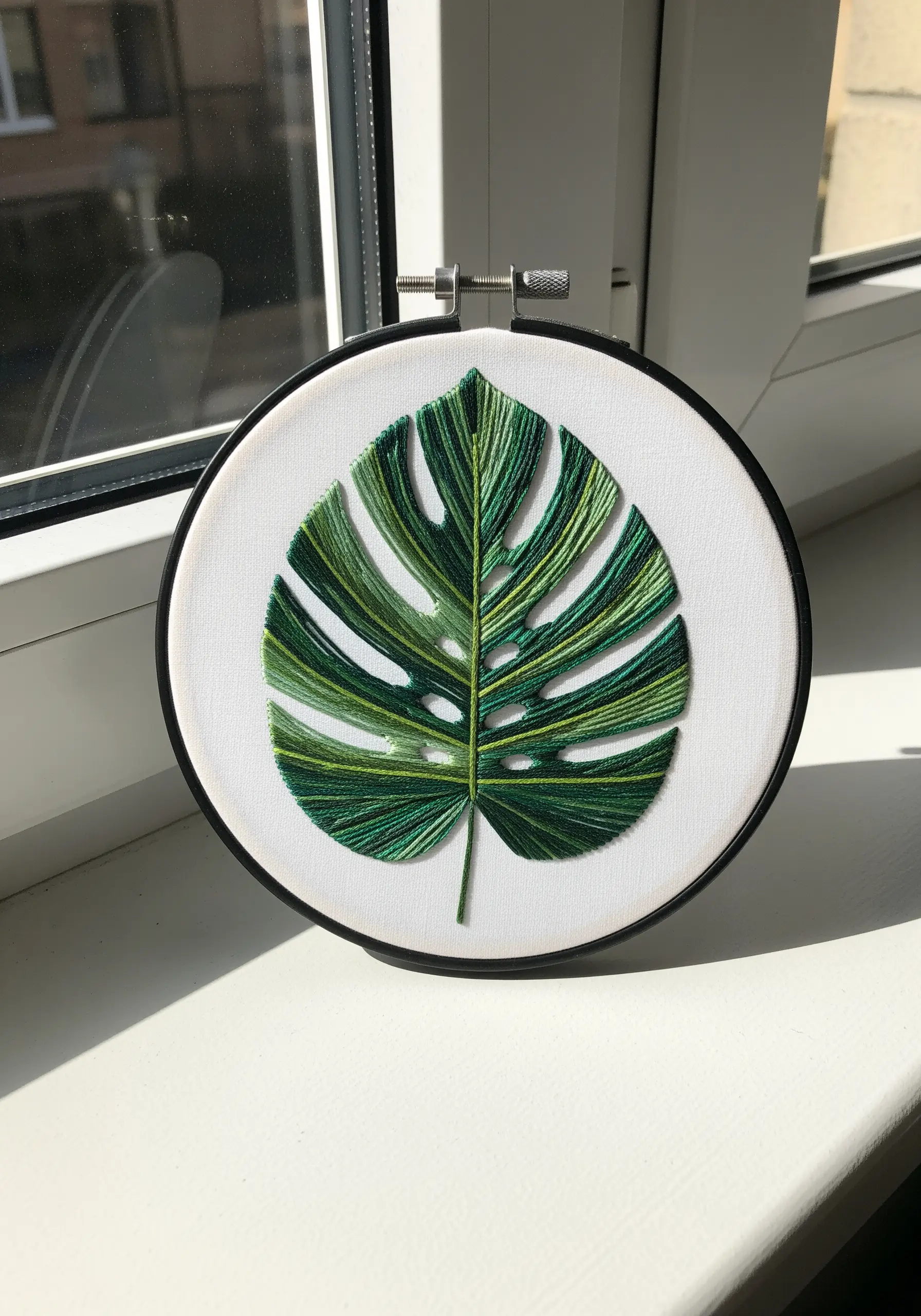 A single monstera leaf embroidered with long, variegated green stitches on white canvas.